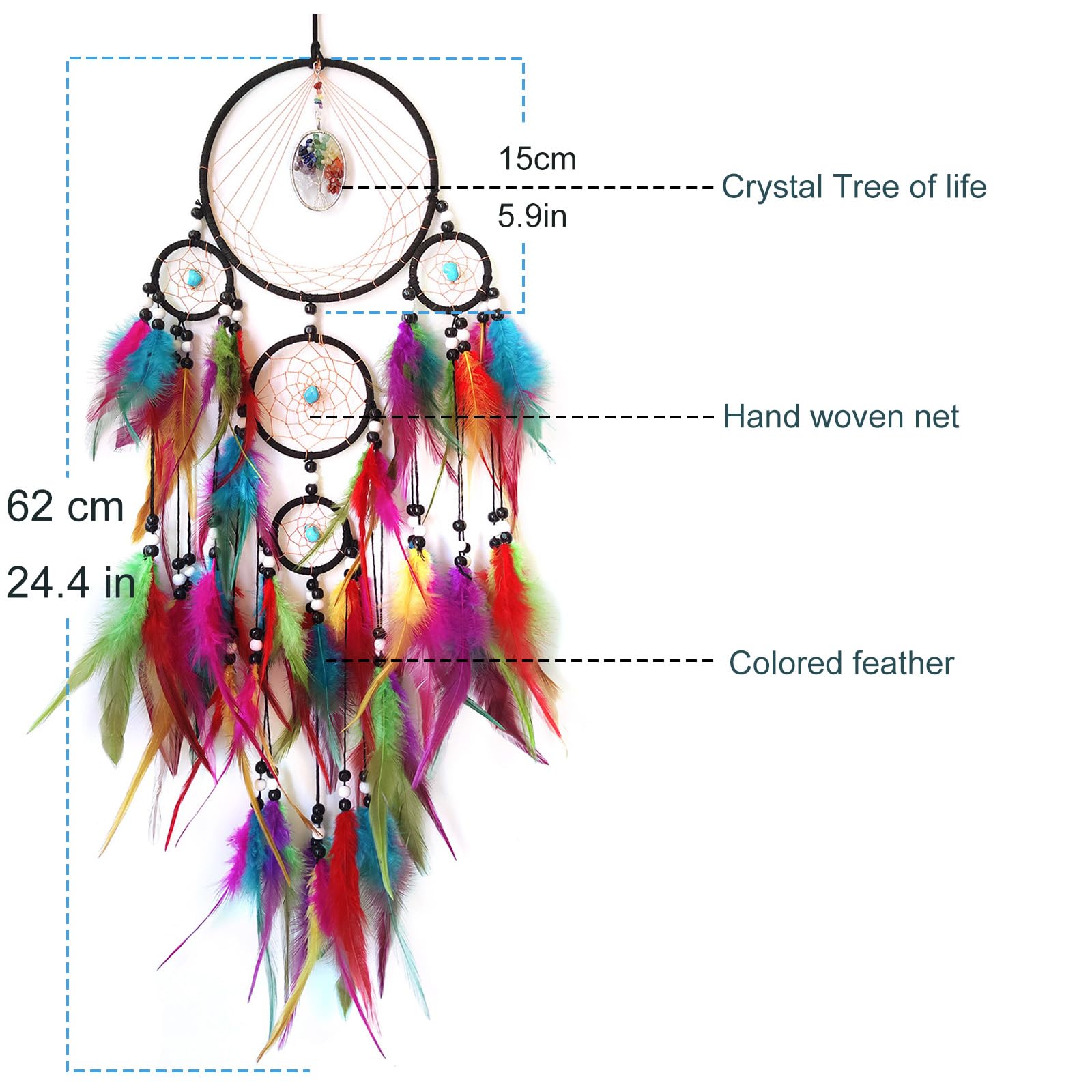 SOYUZU Colorful Large Dream Catcher Wall Decor Feather Dream Catchers with Crystal Tree of Life Pendant Handmade Dreamcatcher Wall Hanging Ornament for Bedroom Living Room Home Decor