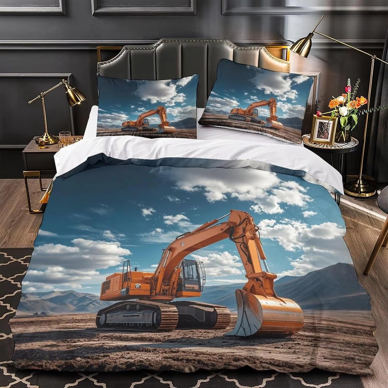 Parure de lit 220x240 fermeture éclair et microfibre respirante motif excavatrice adulte