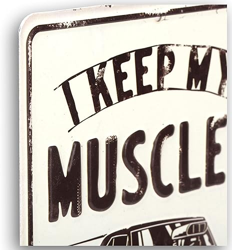 Miniatura 4 de Letrero de metal con texto en inglés "I Keep My Muscles In the Garage", arte de pared para garaje o tienda