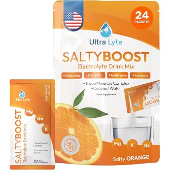Ultra Lyte Electrolytes Drink Mix Sachets - Sugar-free Electrolyte Powder with High Sodium Trace Mineral and Coconut Water - Rehydration for Fitness 24 Bags Salty Orange