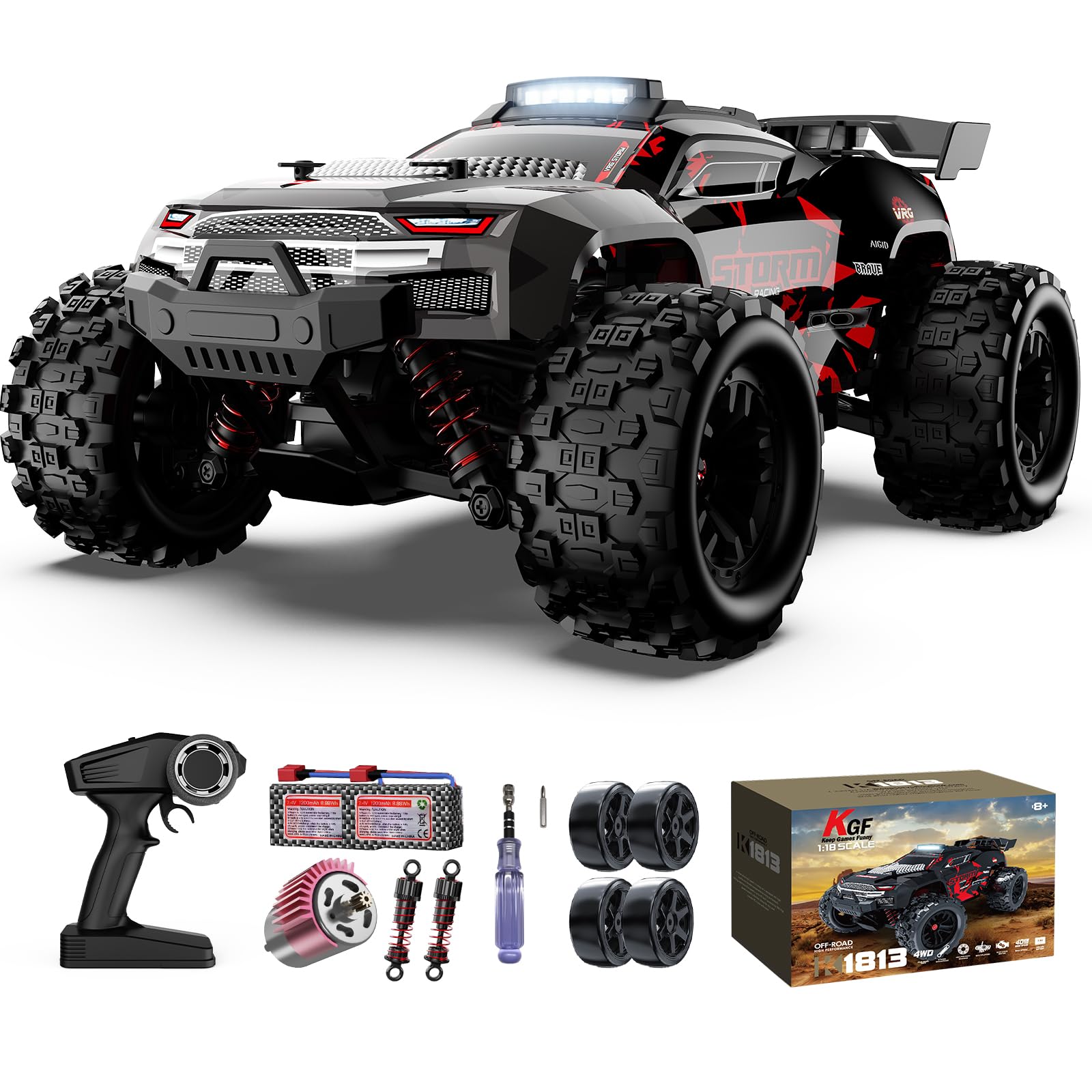 KGF 1:18 Scale All Terrain RC Cars, 40km/h High Speed Remote Control Car, 2.4Ghz RC Car Toys Gifts for Kids and Adults, 4WD Electric Vehicle with 2 Rechargeable Batteries, Off Road Monster Truck