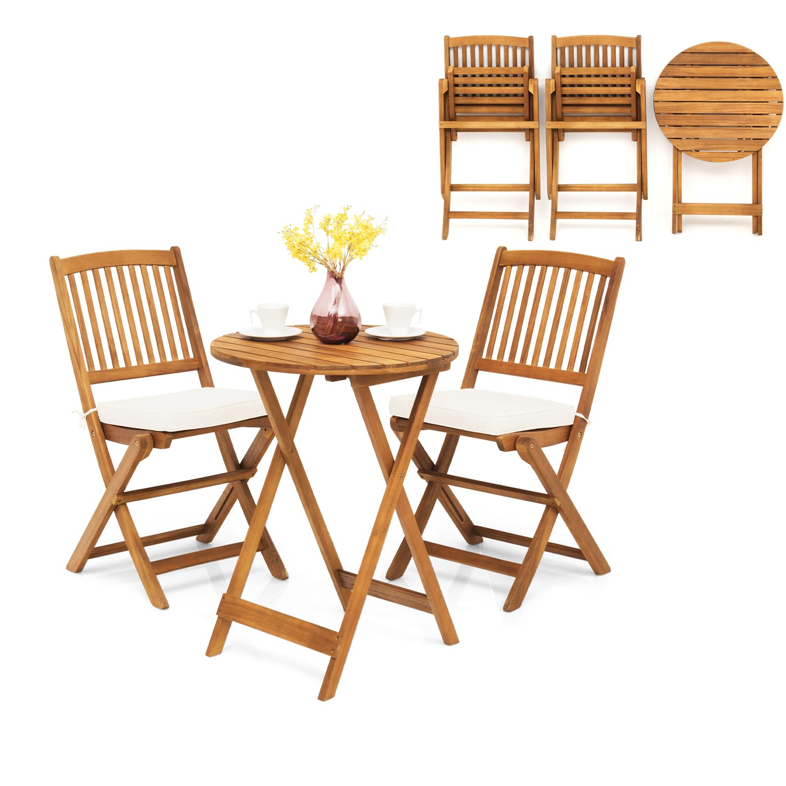 KOMFOTTEU Juego Mesa y 2 Sillas Plegables para Exterior, Conjunto de Muebles de Madera de Acacia para Jardín, Set de Asientos con Cojines y Mesa Redonda, para Patio, Terreza, Balcón (Cojín Beige)