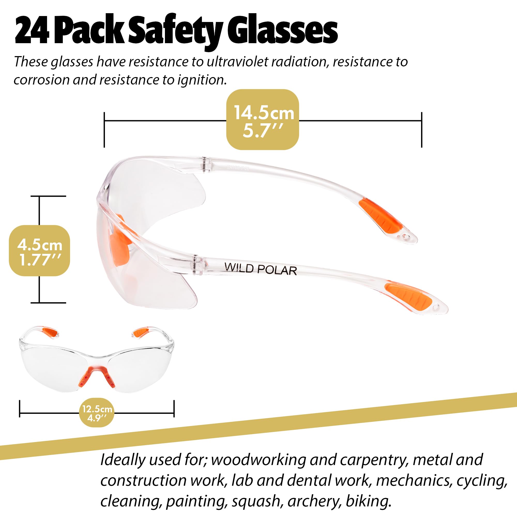 Wild Polar Safety Glasses, Clear Lenses, Anti-Fog Eye Protection Goggles with Orange Nose and Ear Grips, 12, 24 & 48 packs - Image 2