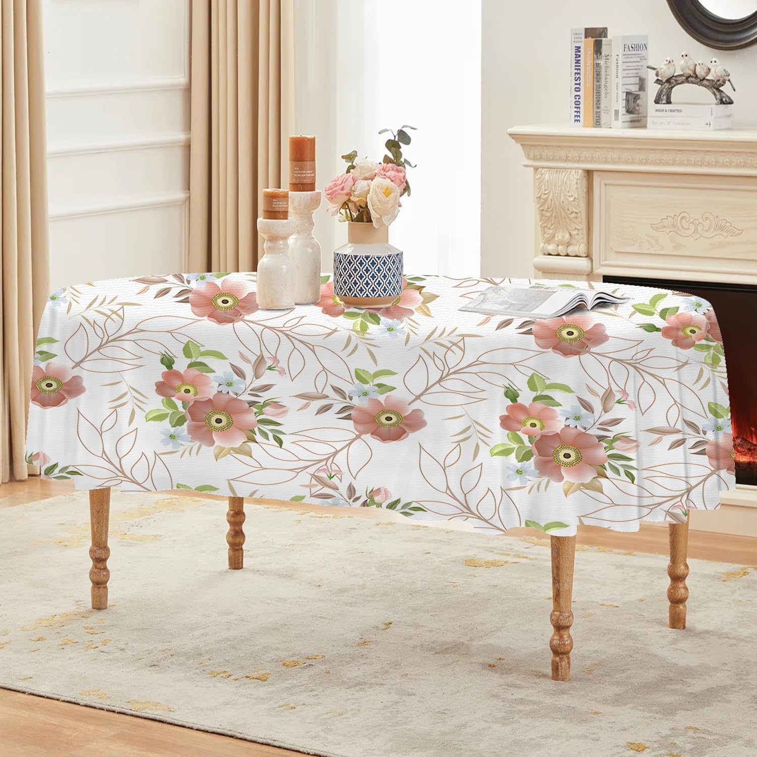 Liane Florale Pêche Nappe Impermeable Ovale 180x240 cm Feuille Dorée, Nappe de Table Botanique en Tissu Polyester, Décoration Nappe Lavable et Anti-Tache, G-8