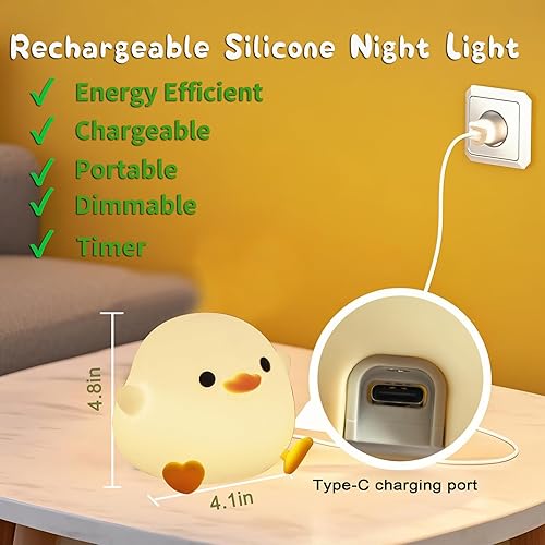 Miniatura 6 de HAPPYBAG Linda luz nocturna de pato guisante, lámpara de pato, 2 niveles de luz de pato de silicona regulable, luz LED blanda para dormir de los
