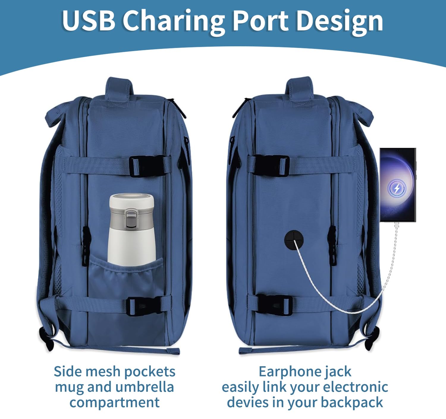 VOESLD Zaino per Ryanair 40x20x25, Zaino da Viaggio Aereo Bagaglio a Mano Blu Zaini Porta PC Donna Uomo Impermeabile Zaini Bagaglio a Mano per Tutte le Principali Compagnie Aeree