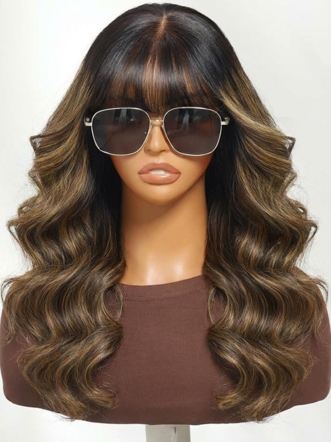KLAIYI Ombre Brown Loose Body Wave Pre Everything Glueless 13x4 HD Lace Front Human Hair Wig with Natural Bang Highlight Balayage Brown Precut Lace