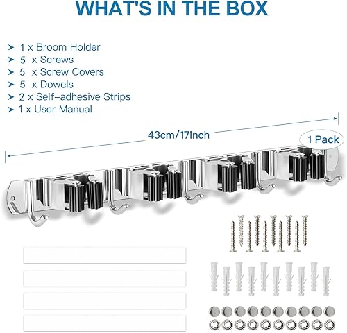 Miniatura 5 de IMILLET Soporte de escoba montado en la pared, soporte de escoba de acero inoxidable, autoadhesivo, ganchos resistentes, organizador de