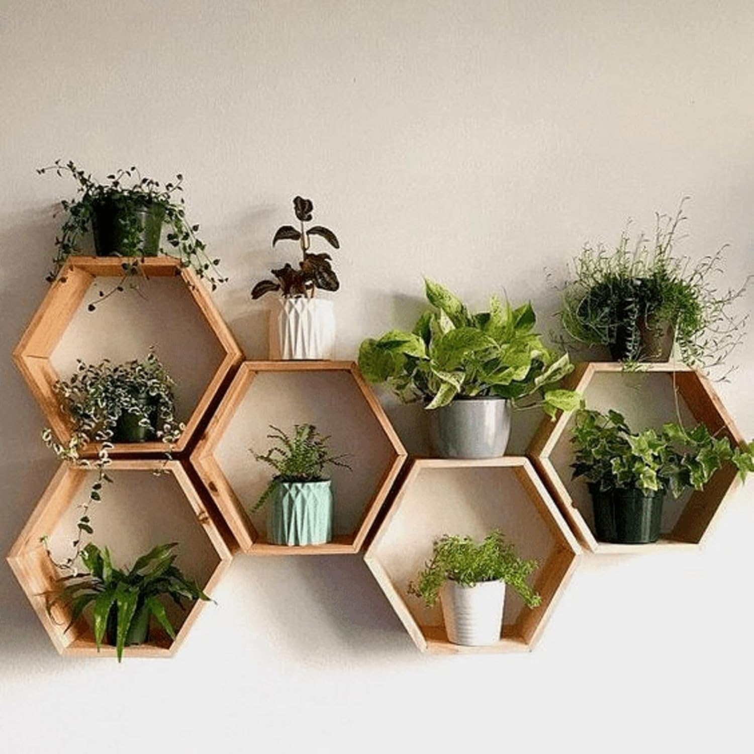CRAFTED TURN Hexagon Floating Shelves Wall Mounted Wood Honeycomb Wall Shelves Set of 5 Hexagonal Wall Decorative Shelf Honeycomb Storage Hanging Shelf Brown-image-40