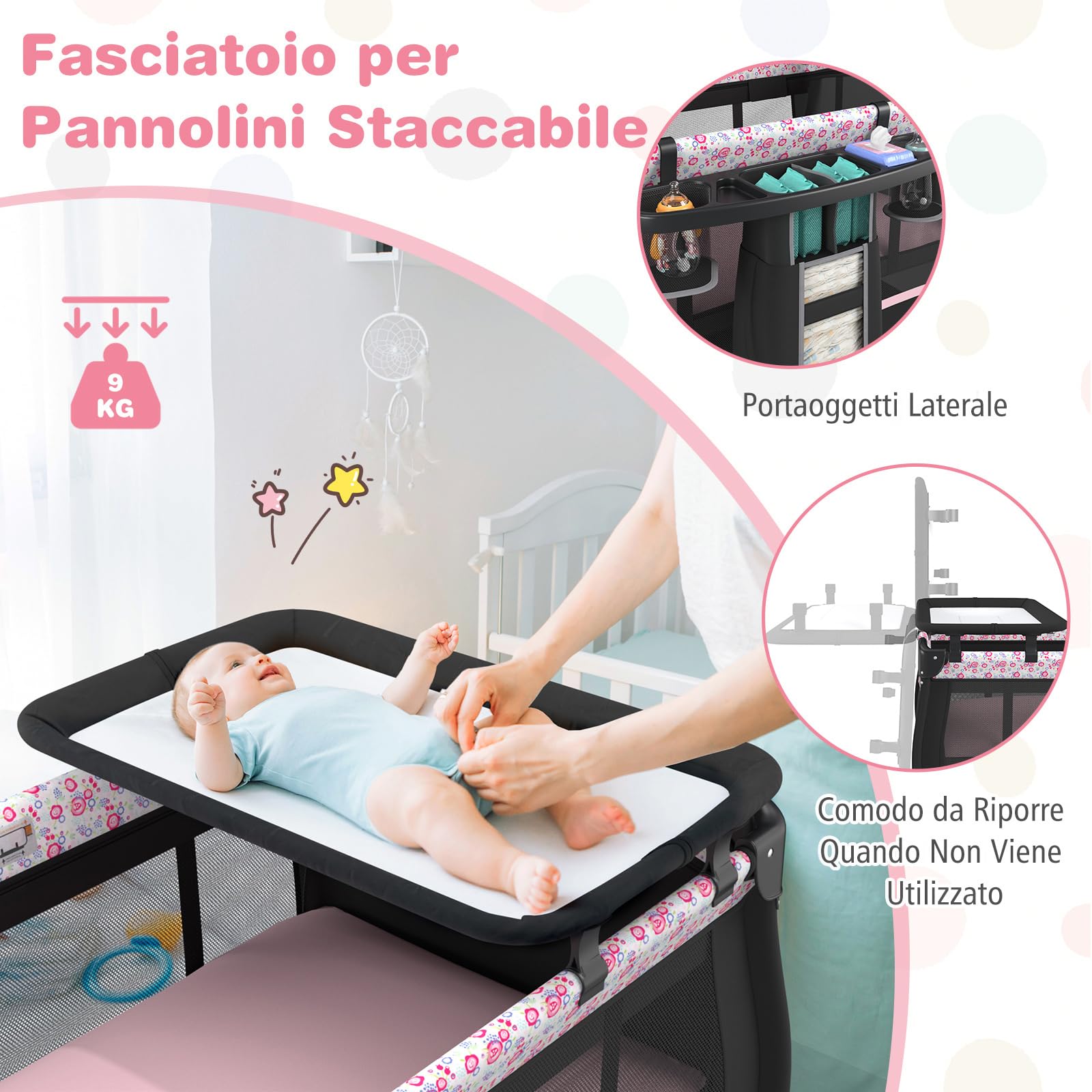 COSTWAY 4 in 1 Lettino Neonato con Materasso, Culla da Campeggio con Fasciatoio Cappottina Regolabile, Ruote Bloccabili, Box Piechevole per Bambini 0-36 Mesi (Fiore Grande)