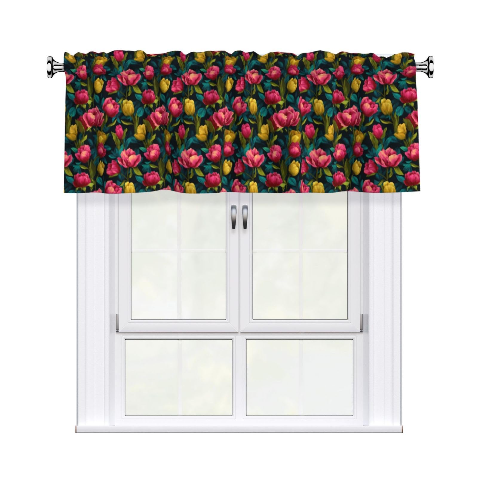 Woshuwo Tulip Flowers Yellow Roses Valances For Windows Rod Pocket Window Treatment Short Curtains For Kitchen Living Room Bedroom Decor 54x18in