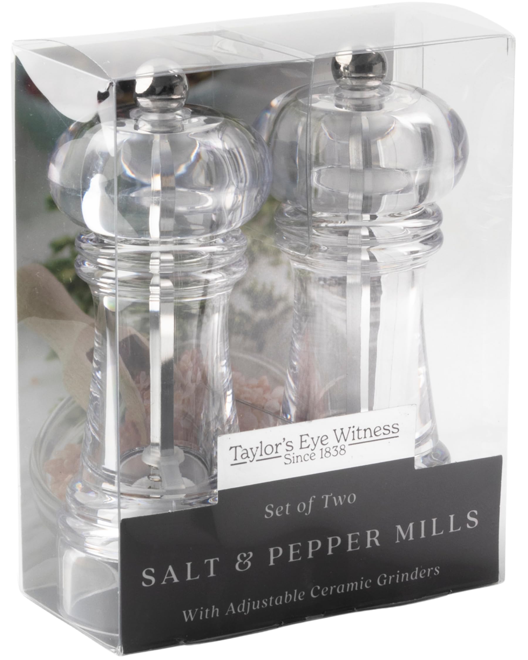 Salt and Pepper Grinder Set - Clear Plastic Head and Glass Refillable Mills for Kitchen Cooking. Refill with Table Or Himalayan Salt, Spices for Seasoning. Hand Grinder Utensil, Pack of 2