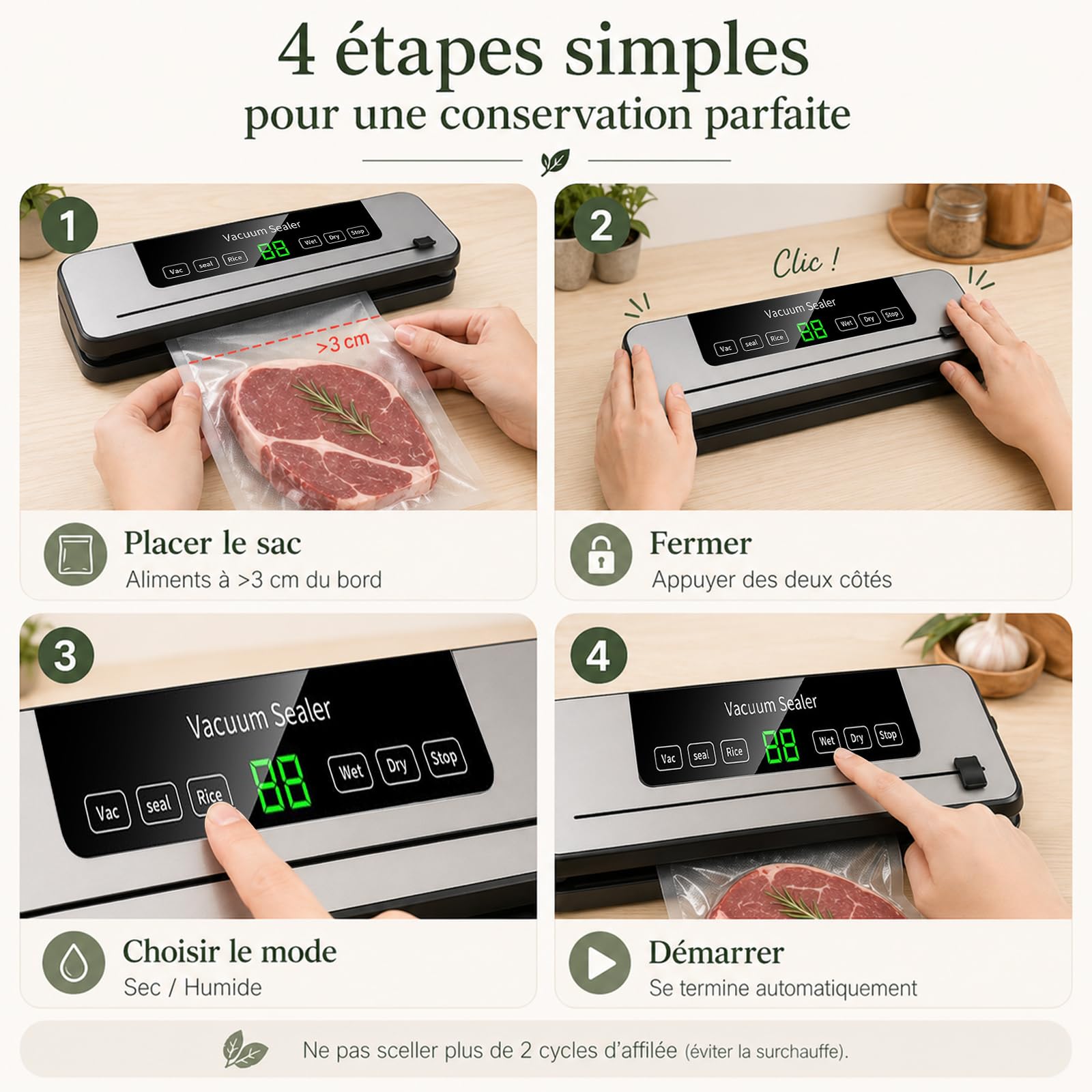 Machine Sous Vide Alimentaire, Avec 50 Sacs Sous Vide, Appareils de Mise Sous Vide Multifonction 5 en 1, Avec Mode Humide et sec pour Stockage de Fruits, Légumes, Pain, Viande, etc.