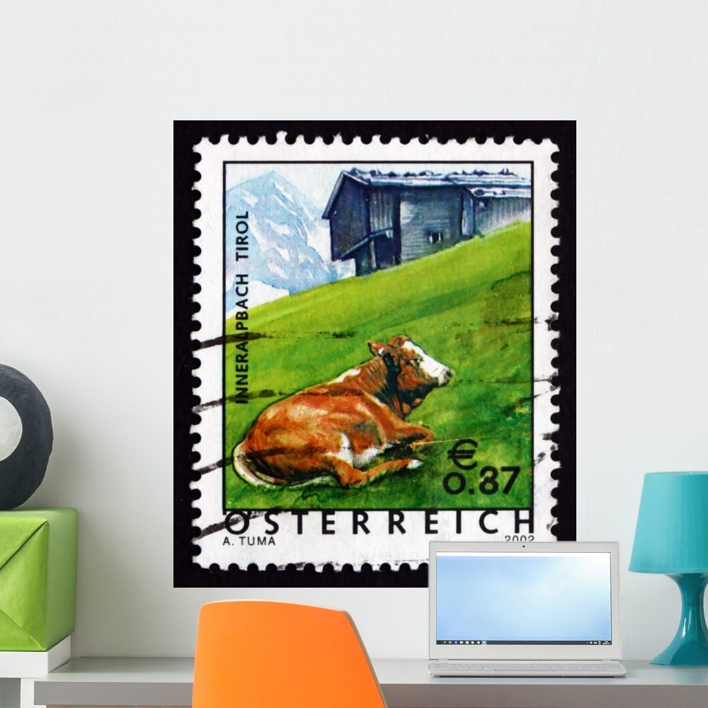 Wallmonkeys Postage Stamp Austria 2002 Cow in Pasture Wall Decal Peel and Stick Graphic WM89781 (24 in H x 21 in W)