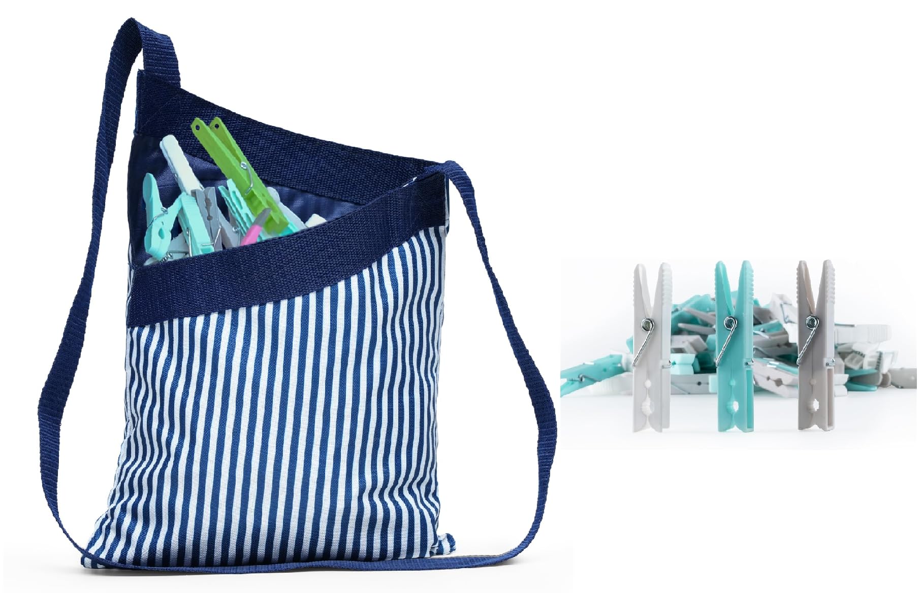 Flatro Peg Bag With 36 Pegs Clothes For Washing Line Waterproof | Nylon Striped Pattern Large Peg Bag With Shoulder Strap For Ease Of Use | Store Up To 100 Pegs For Washing Line