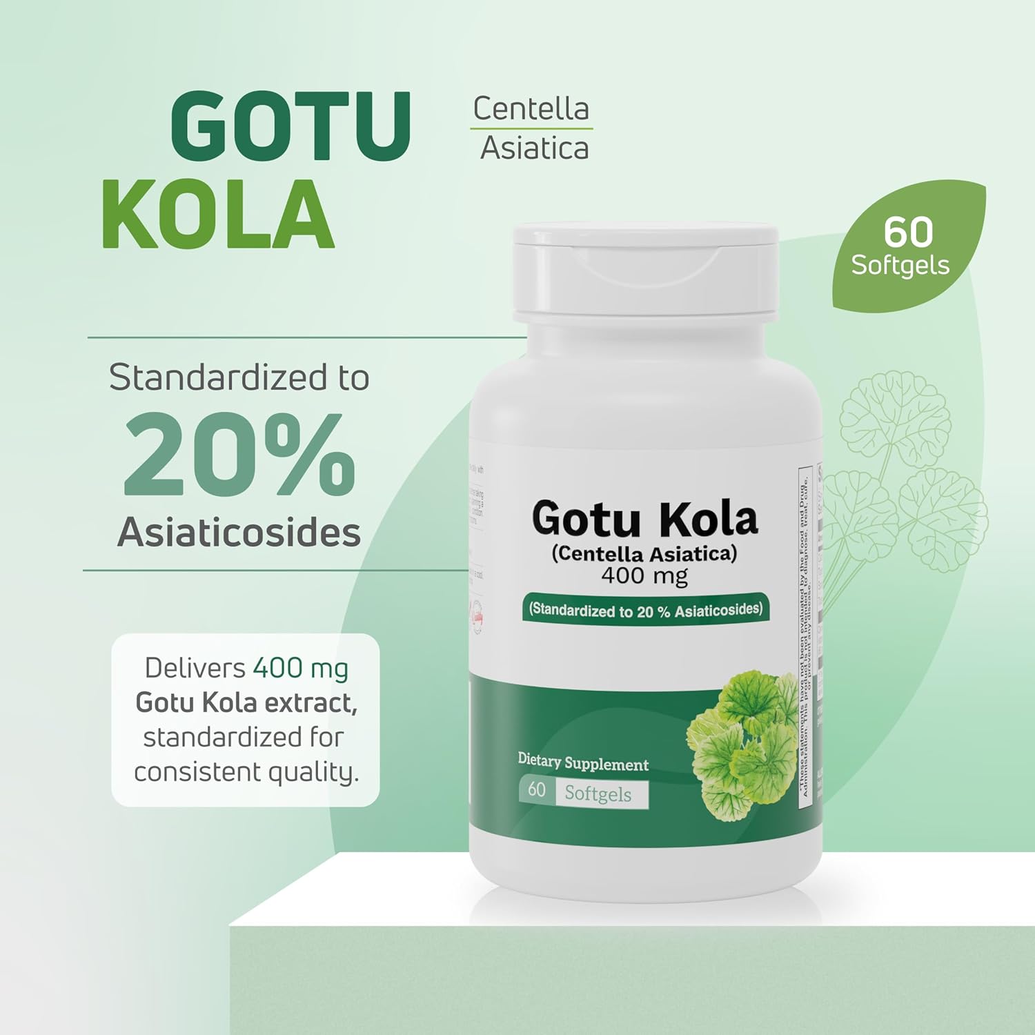 Gotu Kola 400mg Capsules – 20% Asiaticosides Standardized Centella Asiatica Extract – Supports Circulation, Brain & Cognitive Function – 60 Softgels - Image 5