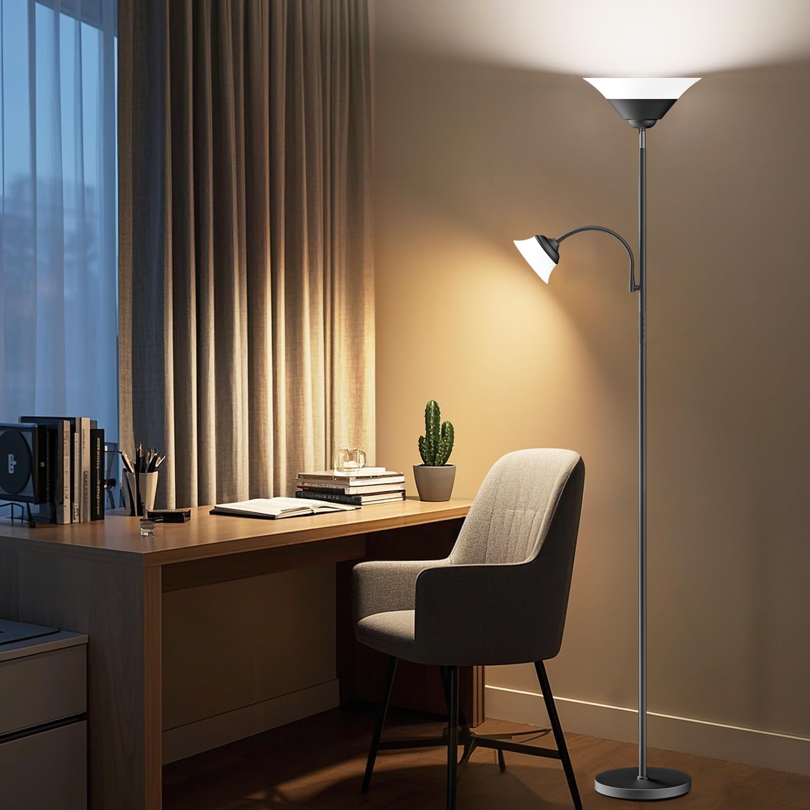 SIBRILLE Lámpara de pie para salón, 34 W, 2100 lm, regulable, mando a distancia y control táctil, 3000 K-6500 K, lámpara de pie, moderna lámpara de techo LED regulable con lámpara de lectura para