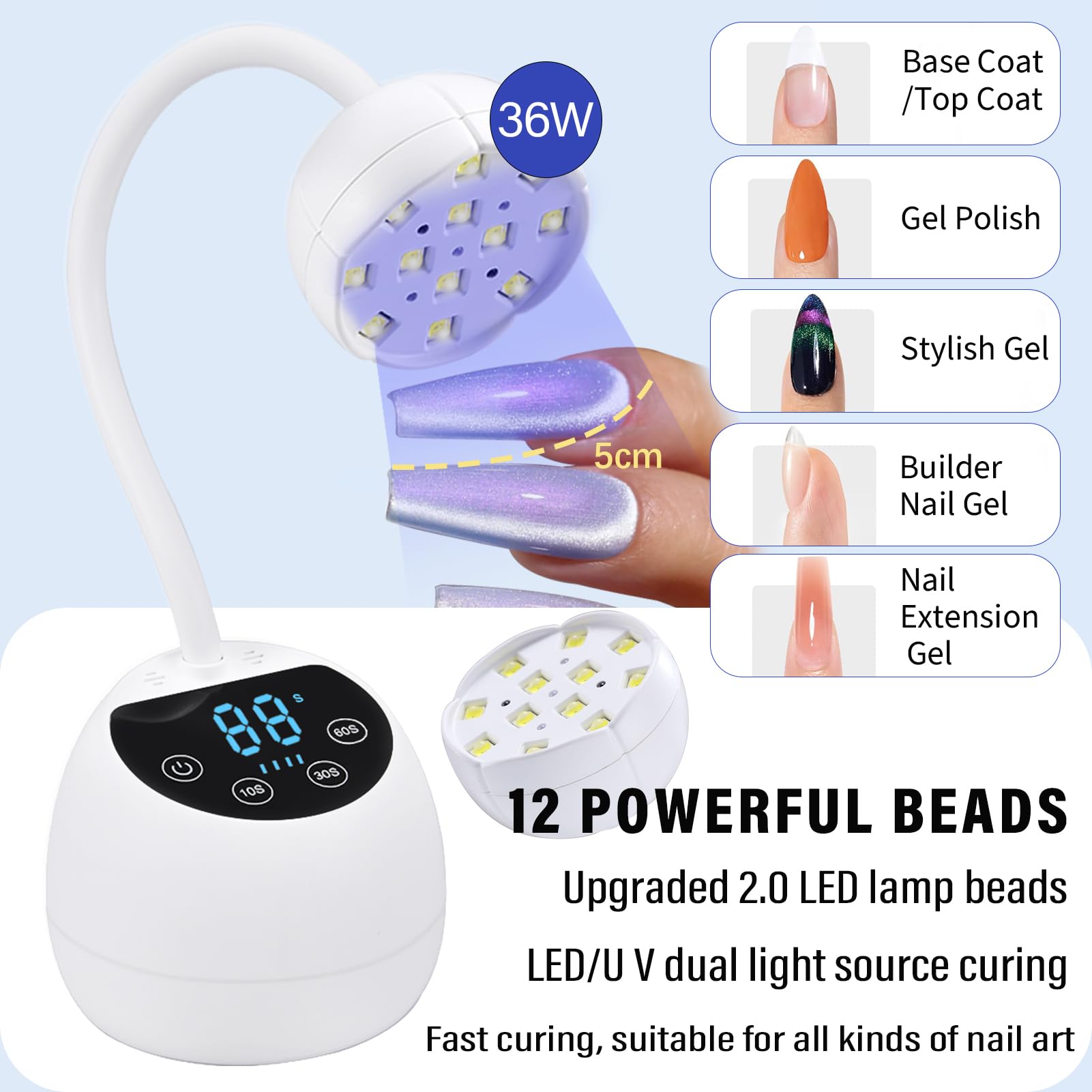 PHAIN U V LED Nail Lamp, 36W Mini Cordless Gel x Nail Lamp Flash Cure, Auto Sensor Gooseneck Portable USB Gel Nail Dryer U V Light with 3 Timers and LCD Display for Home DIY