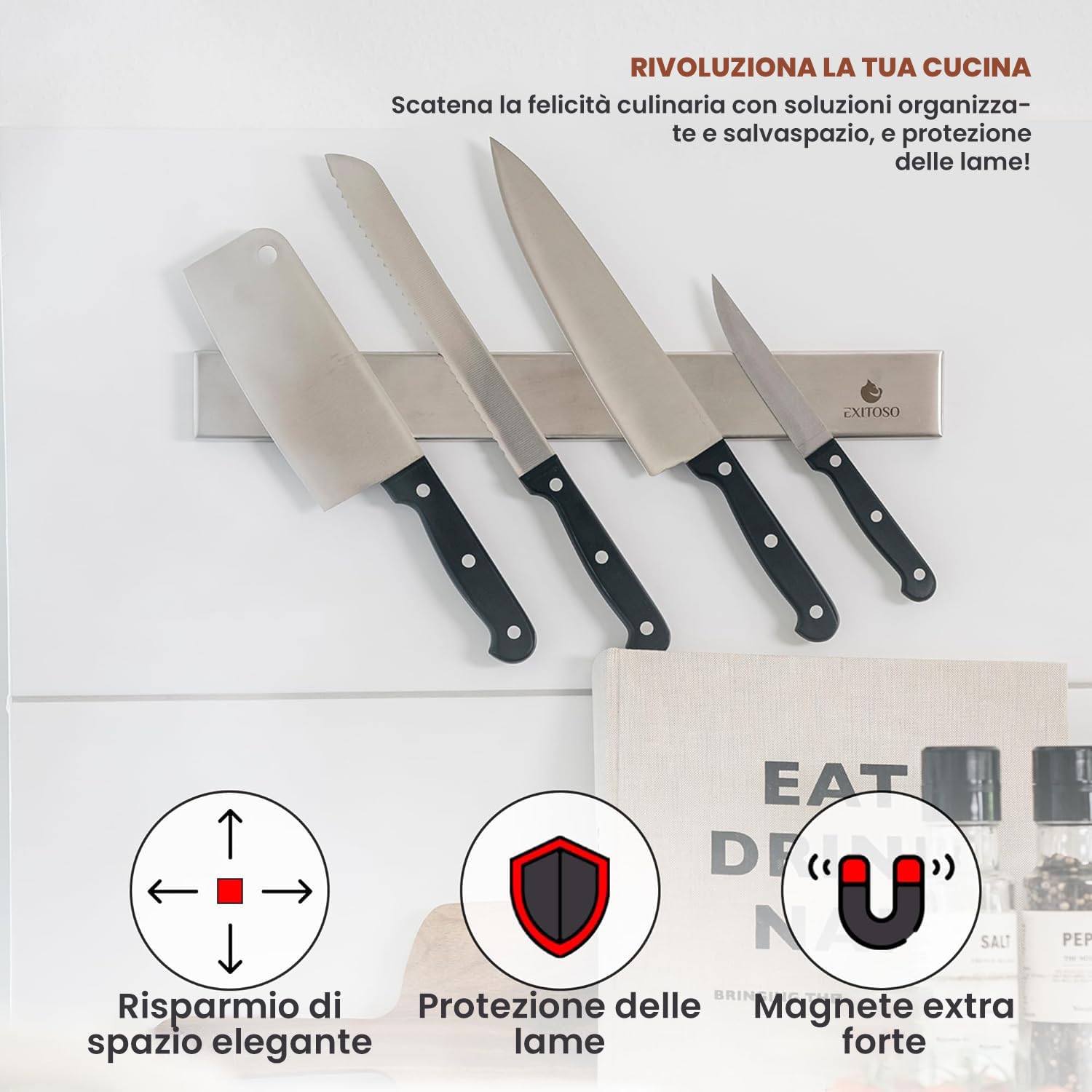 Exitoso Coltello a Striscia Magnetica in Acciaio Inox Autoadesivo - Incollaggio e Foratura Con Nastro Adesivo 3M - Portacoltello Magnetico Striscia per Coltello
