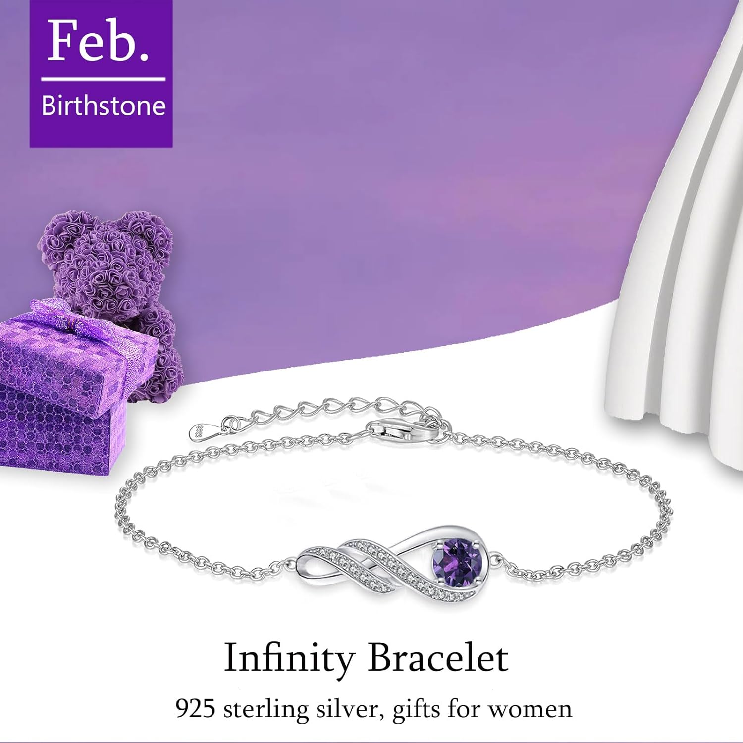 Birthstone Bracelets for Women 925 Sterling Silver Created Gemstone Bracelet Infinity Pendant Jewelry for Her, 6.7"+1.2" - Image 6