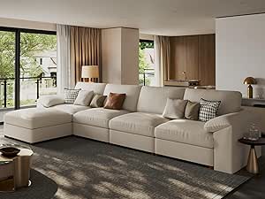 EASE MOOSE Oversized Modular Sectional Sofa, Leather L-Shaped Couch, Beige