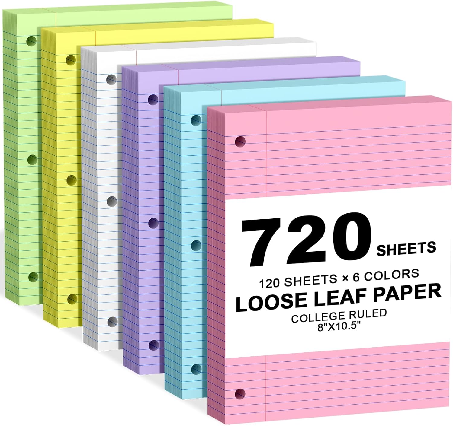 720 Sheets Loose Leaf Paper, 8x10.5 College Ruled, Notebook Paper for 3 Ring Binders, Colored Notebook, 3 Hole Punch Paper, 120 Sheets/Color