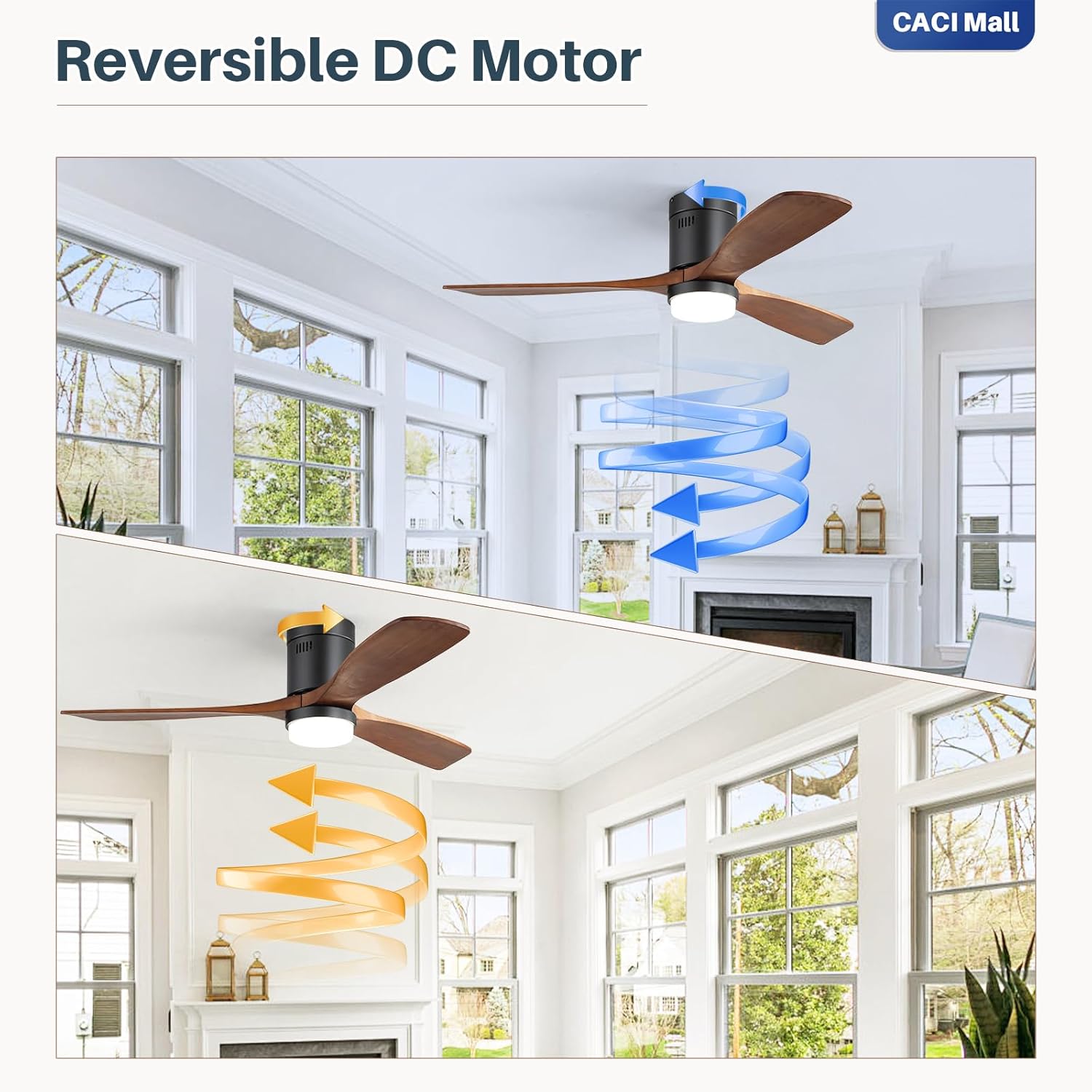 CACI Mall Smart 52 inch Wood Flush Mount Ceiling Fans with Lights and Remote, 3 Blades, Low Profile, Modern, Compatible with Alexa/Google/App, Outdoor Indoor Ceiling Fans for Bedroom/Farmhouse/Patio