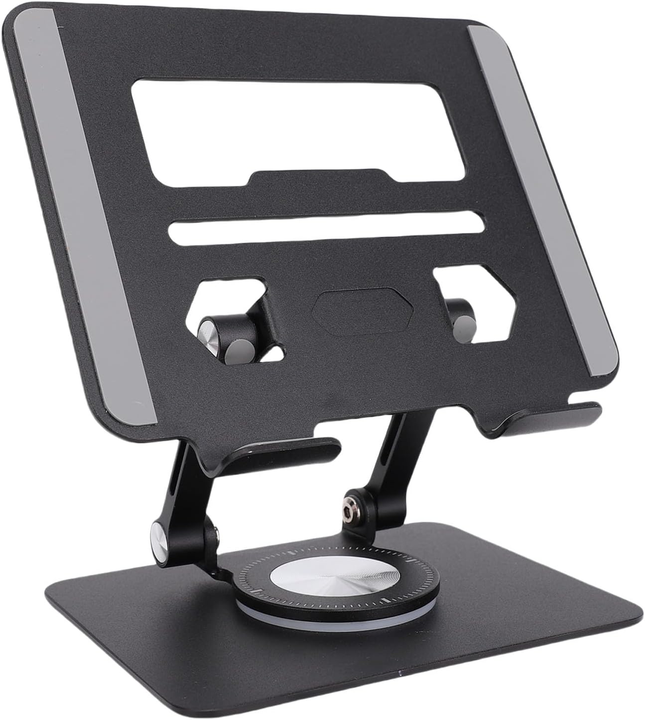 Sanpyl Tablet Stand for All 5.8 to 12.9 Inch Tablets, 360 Degree Rotating Base, Double Rod, Adjustable Aluminum Stand, Foldable Portable Tablet Stands (Black)