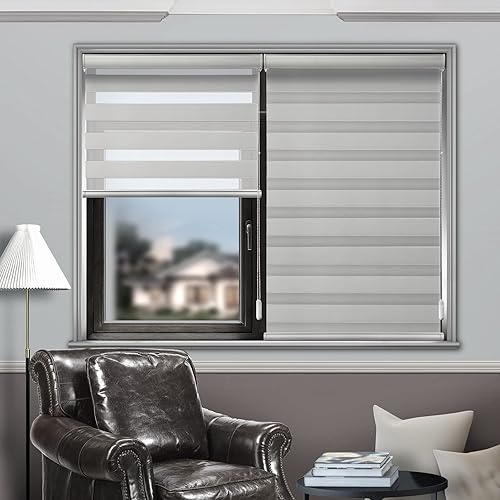 Persianas enrollables con diseño de cebra personalizadas, persianas de doble capa con control de luz para día y noche (gris claro)