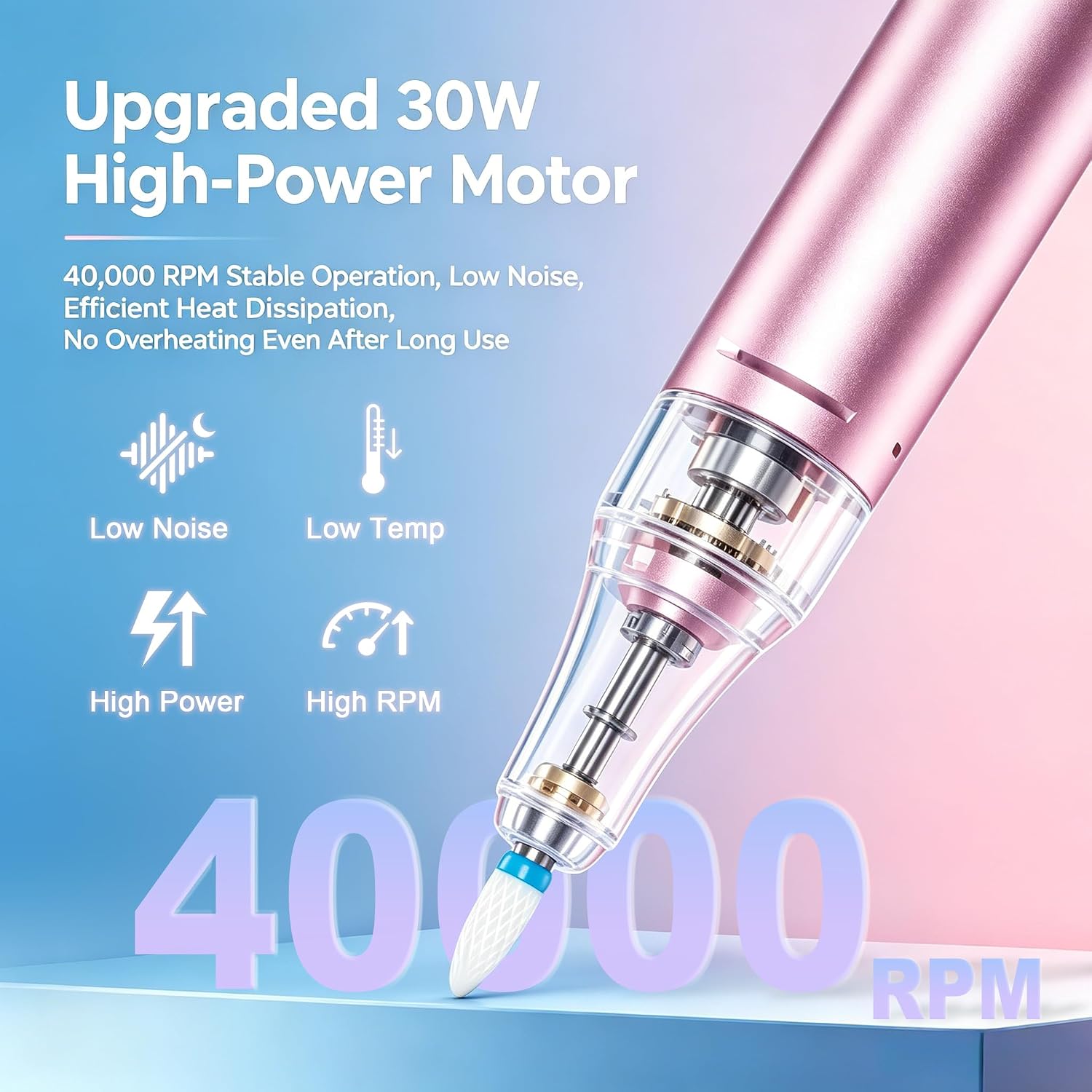 Electric Nail Drill 30W 0-40000 RPM Professional, Rechargeable Cordless Portable Efile Kit with 15PCS Bits for Acrylic & Gel Nails, Low Vibration Manicure Pedicure Tool for Salon Home DIY (Pink)