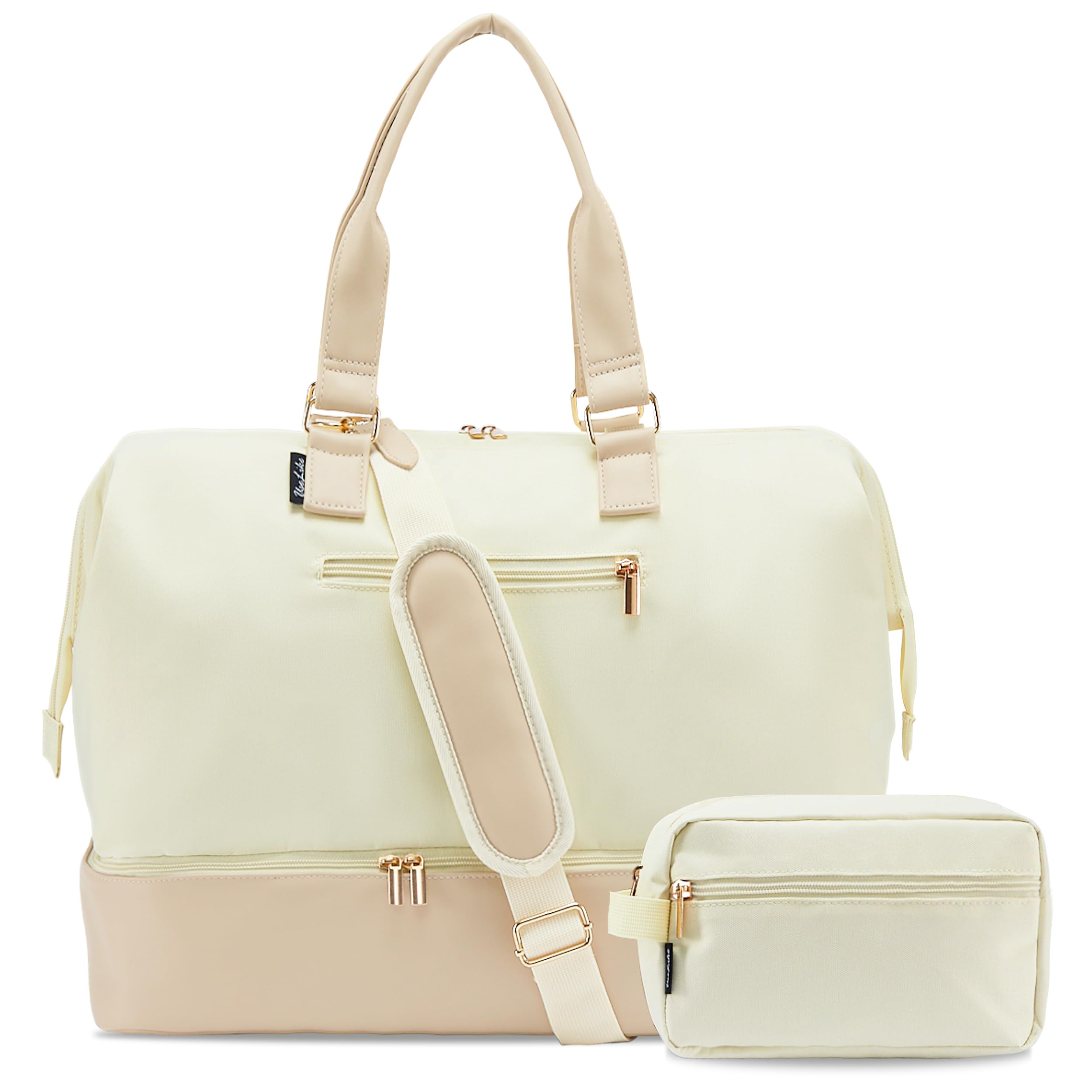 Weekender Bags for Women, Large Travel Duffel Bag with Shoes Compartment, Carry On Overnight Tote Bags with Toiletry Bag, 45L-Beige, 45L