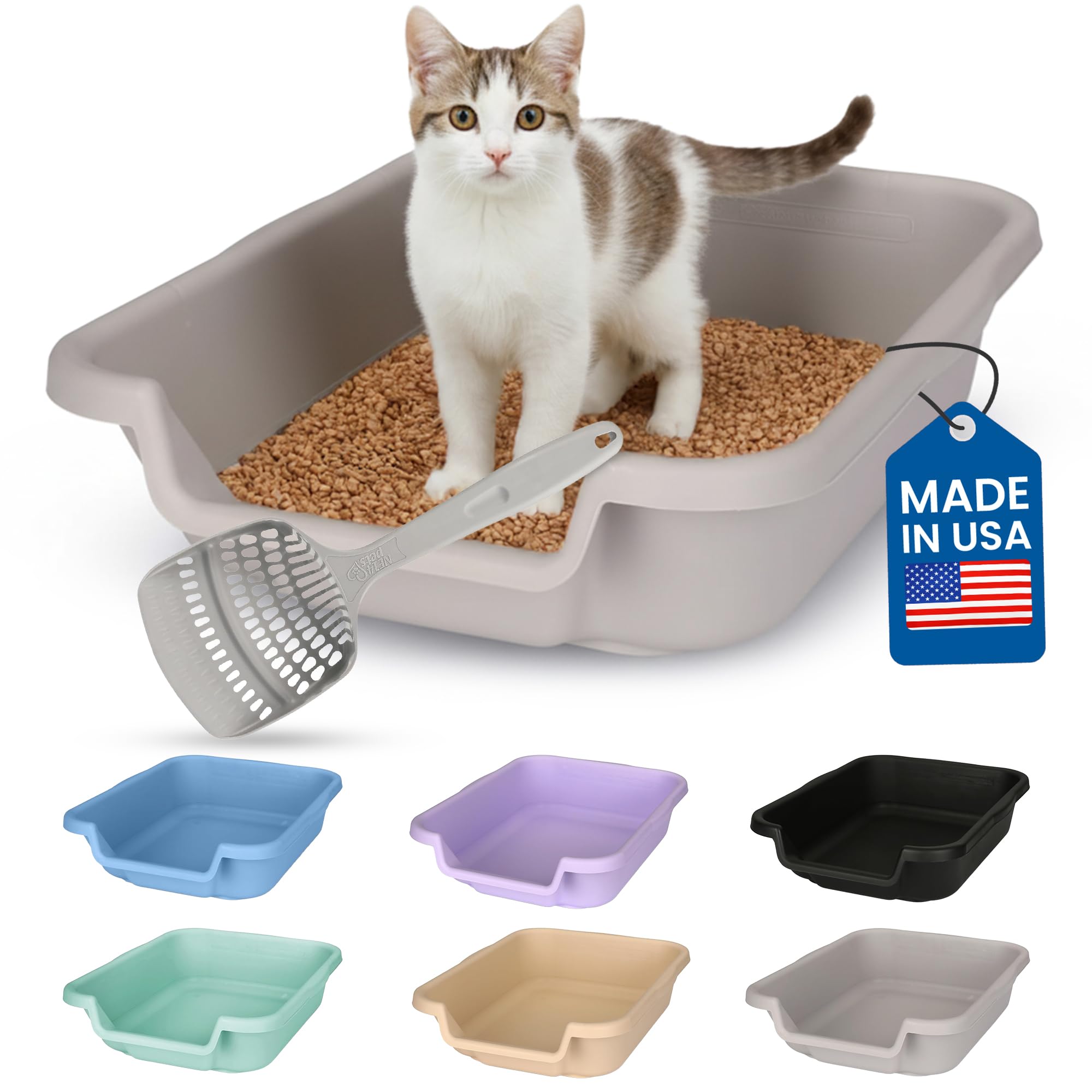 KittyGoHere Senior Cat Litter Box, Large Litter pan with Long-Handle Jumbo Scoop, Open Top Low Entrance Kitty Litter Box, Lightweight Low Entry Litters Box, Durable, Made in USA (2 Pack - Misty Gray) — image 1