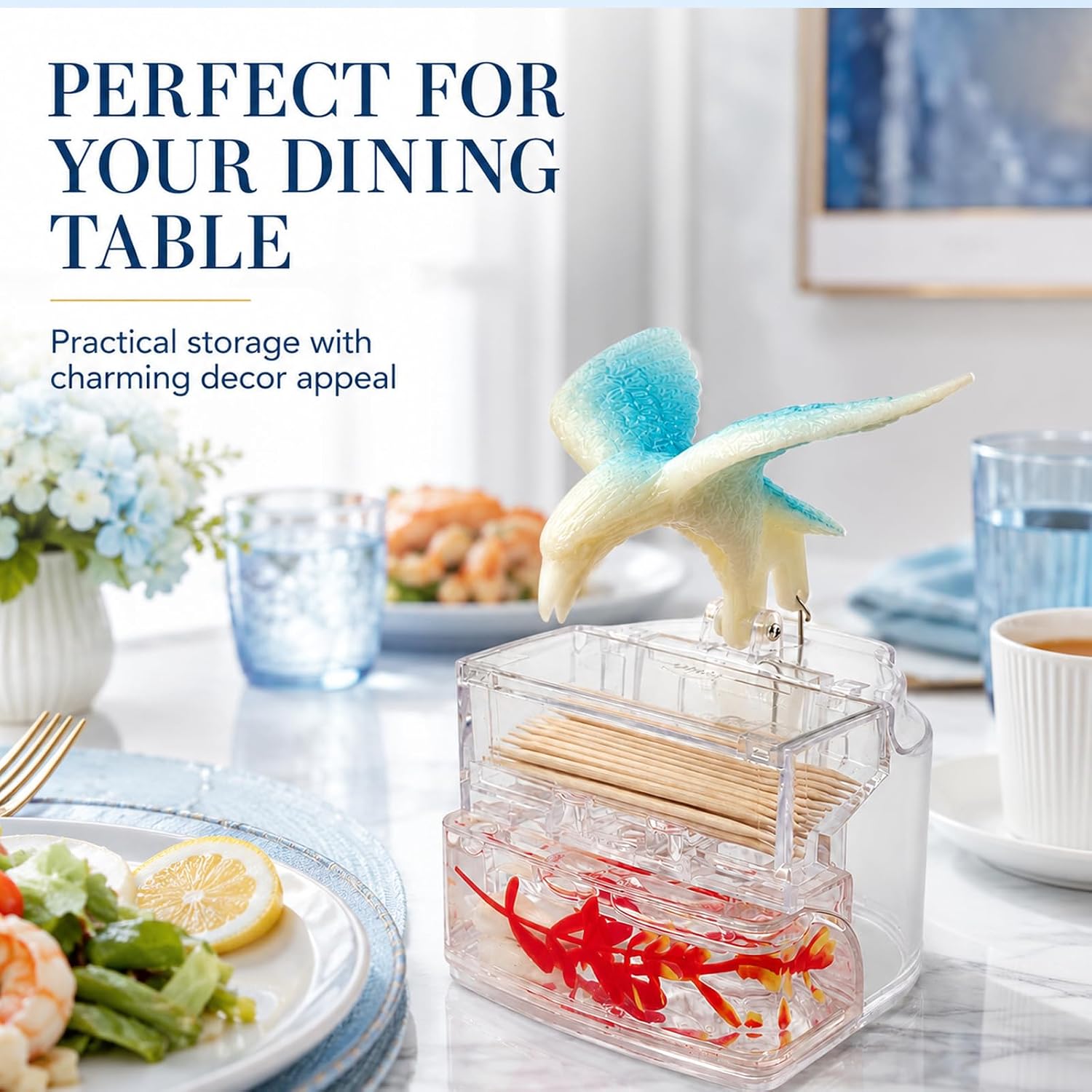 Bird Toothpick Dispenser, Cute Automatic One-Press Toothpick Holder, Clear Refillable Dispenser for Kitchen, Dining Table, Restaurant, Office Desk (Blue, Bottom Flowers Random Color) image 5