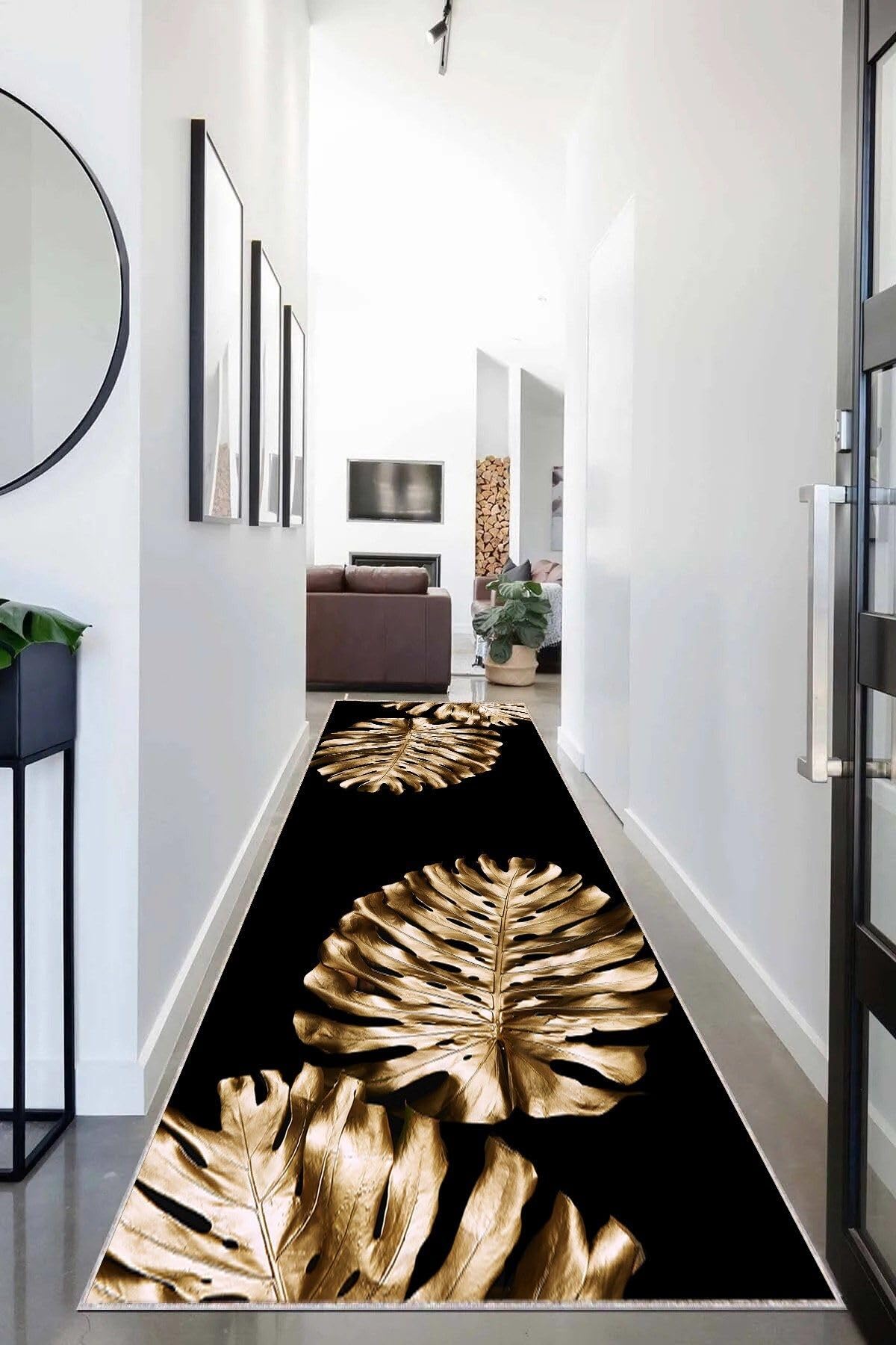 Pelangi Gold Yaprak Desenli Dijital Baskı Yıkanabilir Kaymaz Taban Salon Halısı ve Yolluk, Siyah 40 x 40, 955425640407