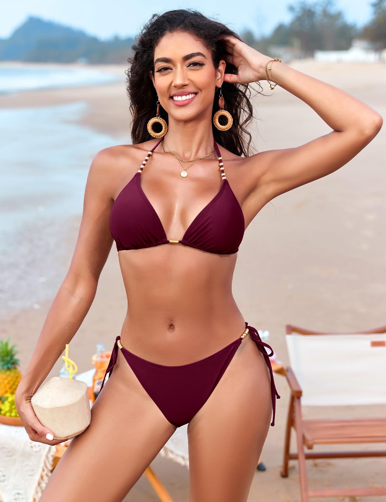 Svanco Maillot de Bain 2 Pièces Femme Triangle Bikini avec Rembourré, Perles Dorées et Tanga à Nouer