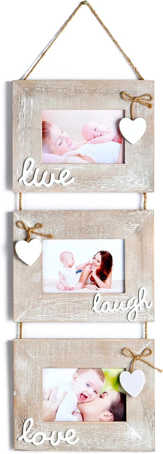 Yaetm Live Laugh Love Collage Hanging Picture Frame 4x6", Solid Wood 3 Photo Frames Set, Wall Mount Verticval Display, Rustic Grey -