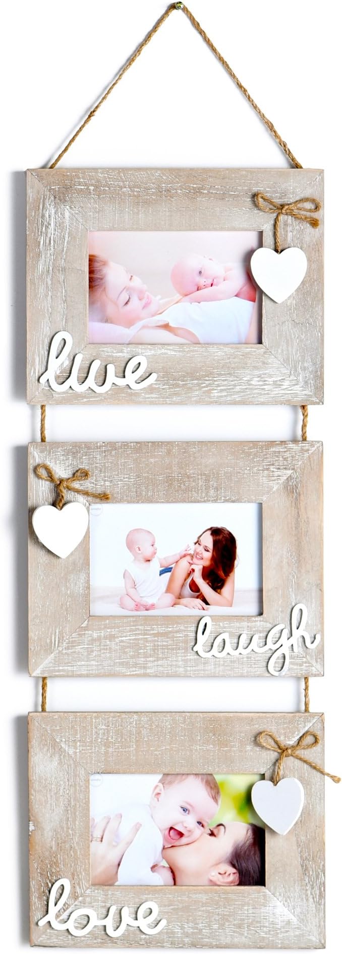 Yaetm Live Laugh Love Collage Hanging Picture Frame 4x6, Solid Wood 3 Photo Frames Set, Wall Mount Verticval Display, Rustic Grey