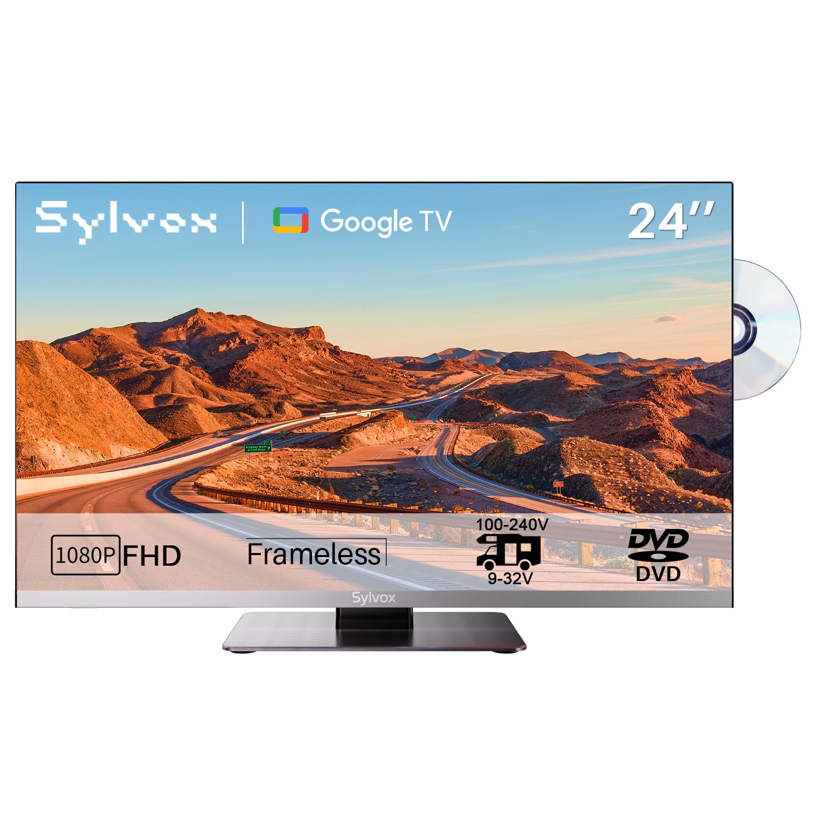 SYLVOX 24" Smart Google 12V TV do Kamperów | 1080P, Wbudowany Odtwarzacz DVD, Adapter 12V, Szeroki Zakres Napięcia 100-240V, Potrójny Tuner DVB-S2/T2, WiFi, HDMI/USB, Dla Autokarów/Ciężarowych