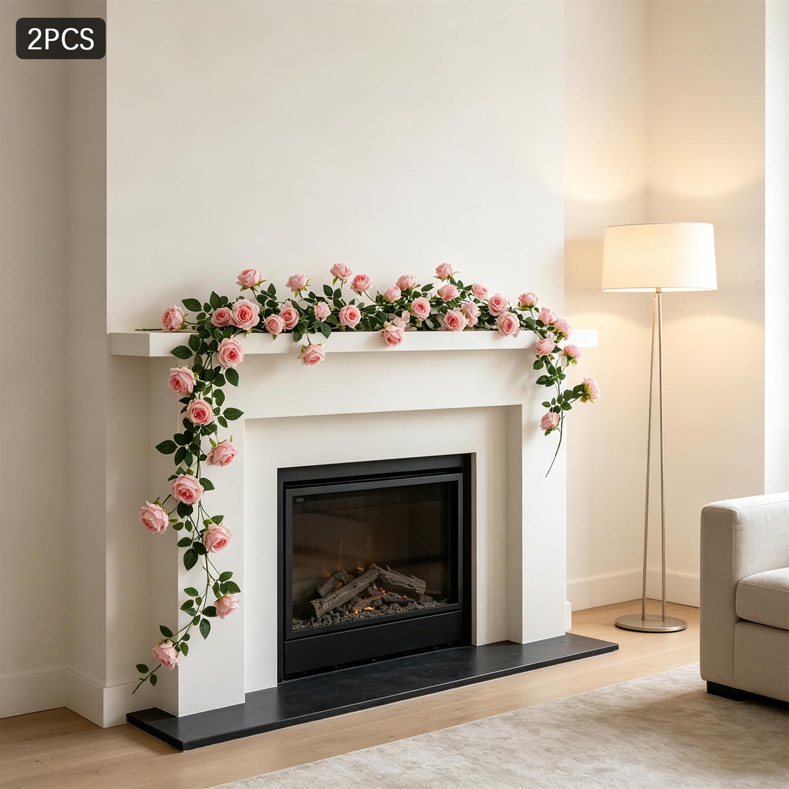 2er Set Künstliche Rosen Girlande, Seidenblumen Hochzeitsdeko(Rosa) | Champagner Rosen Girlanden mit biegsamen Stielen für Hochzeiten, Partys, Kamin, Türen und kreative Raumdekoration