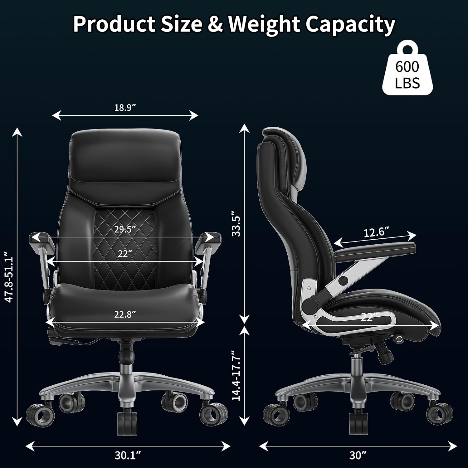 Big and Tall Office Chair with 5D Arms, 600lbs Heavy Duty Desk Chair with Adjustable Lumbar Support, PU Leather High Back Ergonomic Executive Computer Chair with 3'' Silent Casters