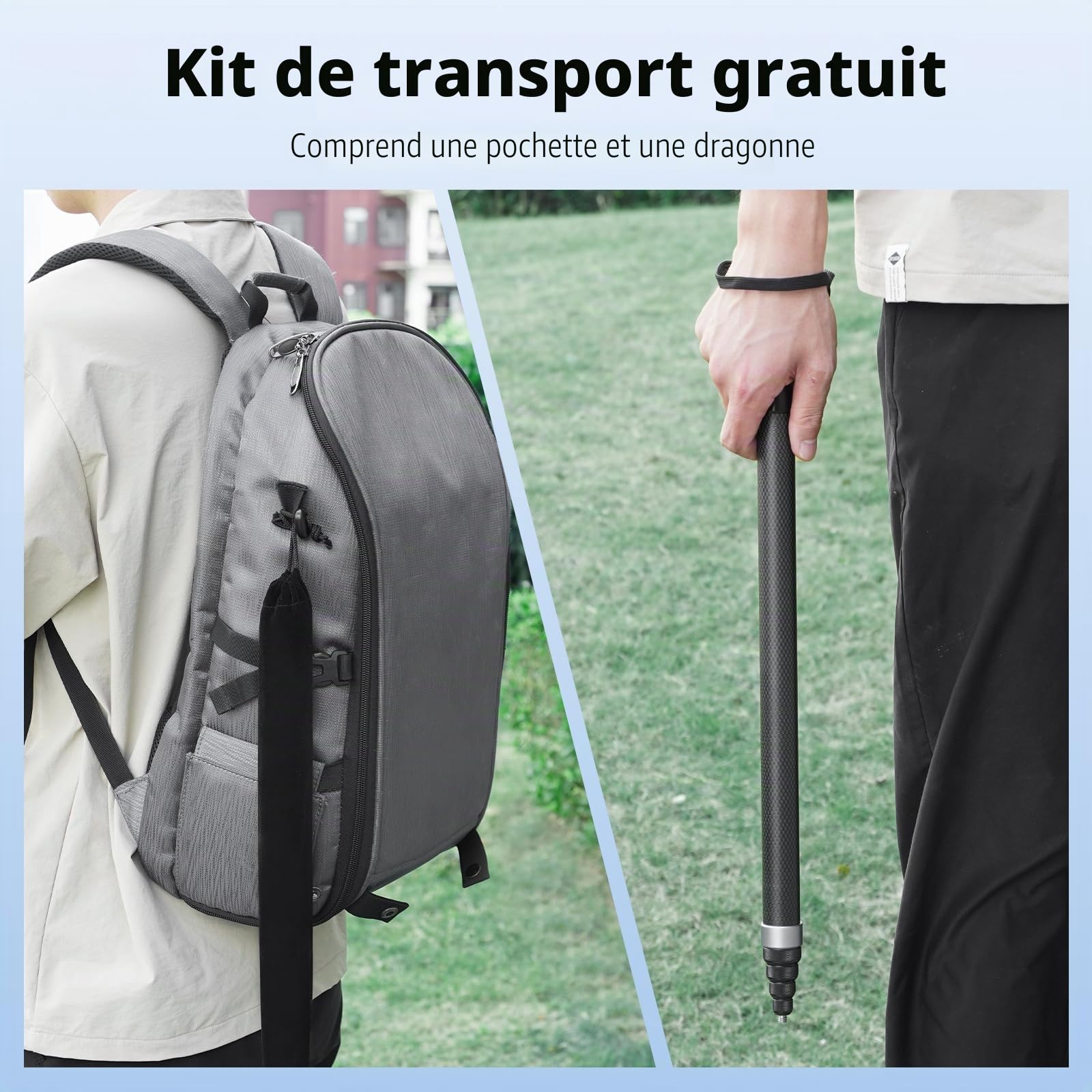BRDRC Perche à selfie 3 m en fibre de carbone pour Insta360 ONE X5 X4 X3 X2 RS et DJI OSMO 360 (avec adaptateur Go Pro, sac de rangement)