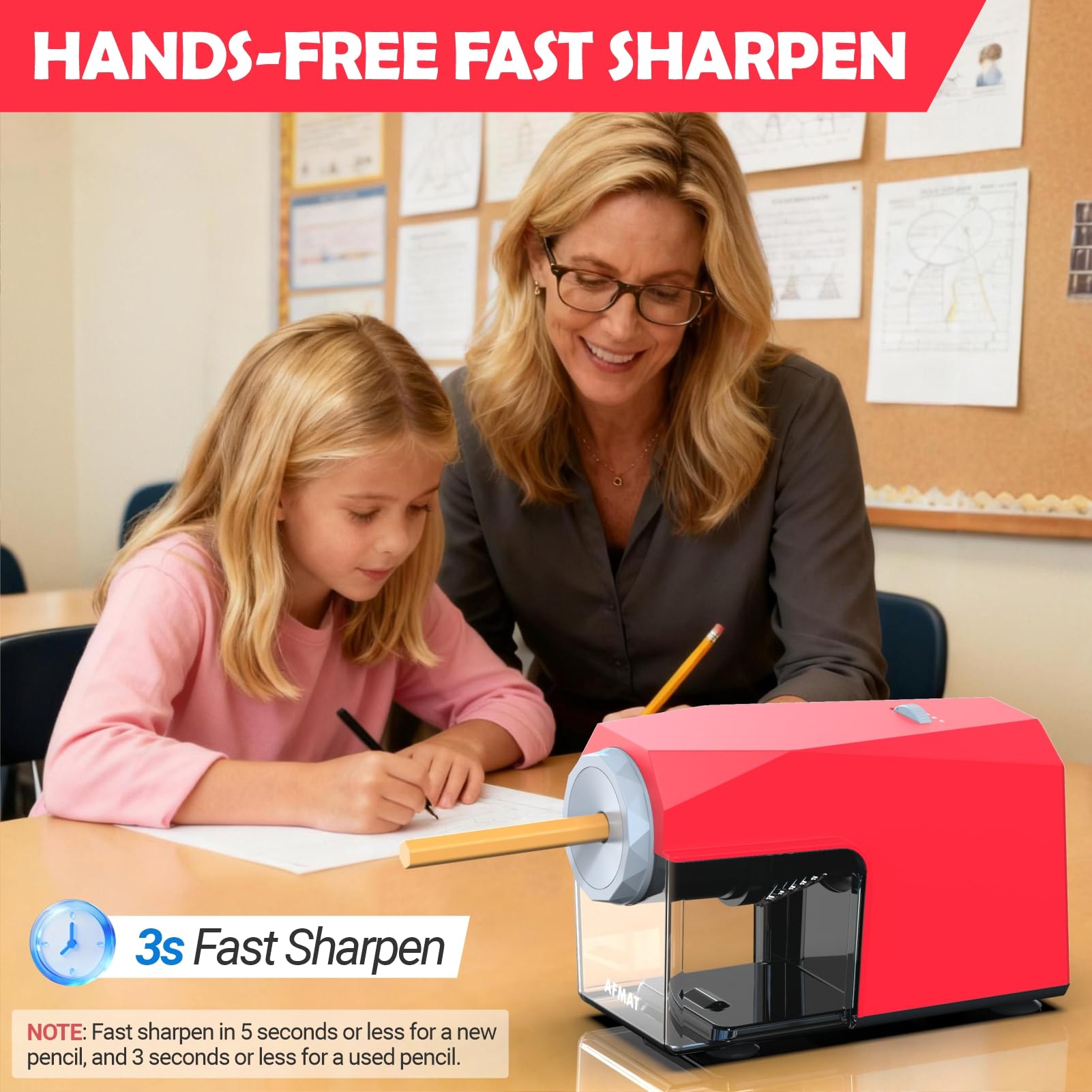 AFMAT Sacapuntas eléctrico, entrada y salida automática, más de 10.000 usos, 5 puntas, sacapuntas totalmente automático para aula, sacapuntas rápidos y resistentes para lápices n.º 2/jumbo/colores
