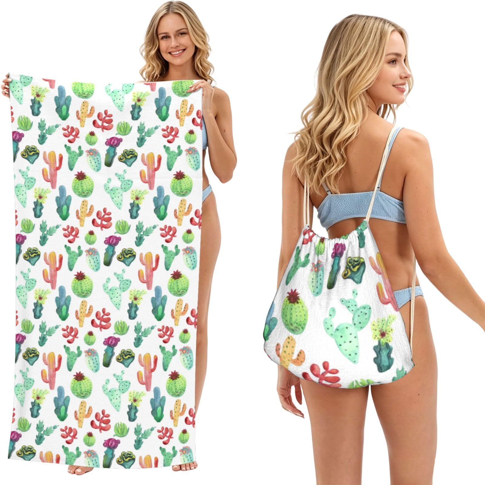 Poadnly As Picture Watercolor Cactus Succulents, 2 In 1 Packable Towel Bag, Beach Towels With Drawstring Backpack For Travel Holiday Camping