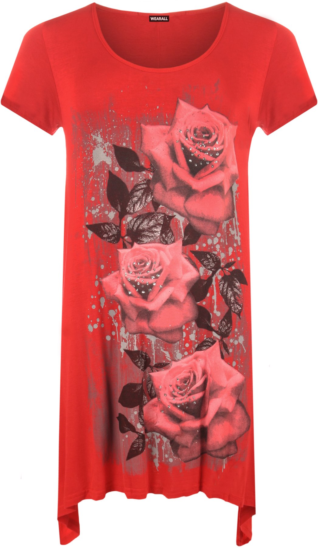 Wearall Women's Red Plus Size Glitter Rose Print Hanky Hem Short Sleeve Long Top 26/28
