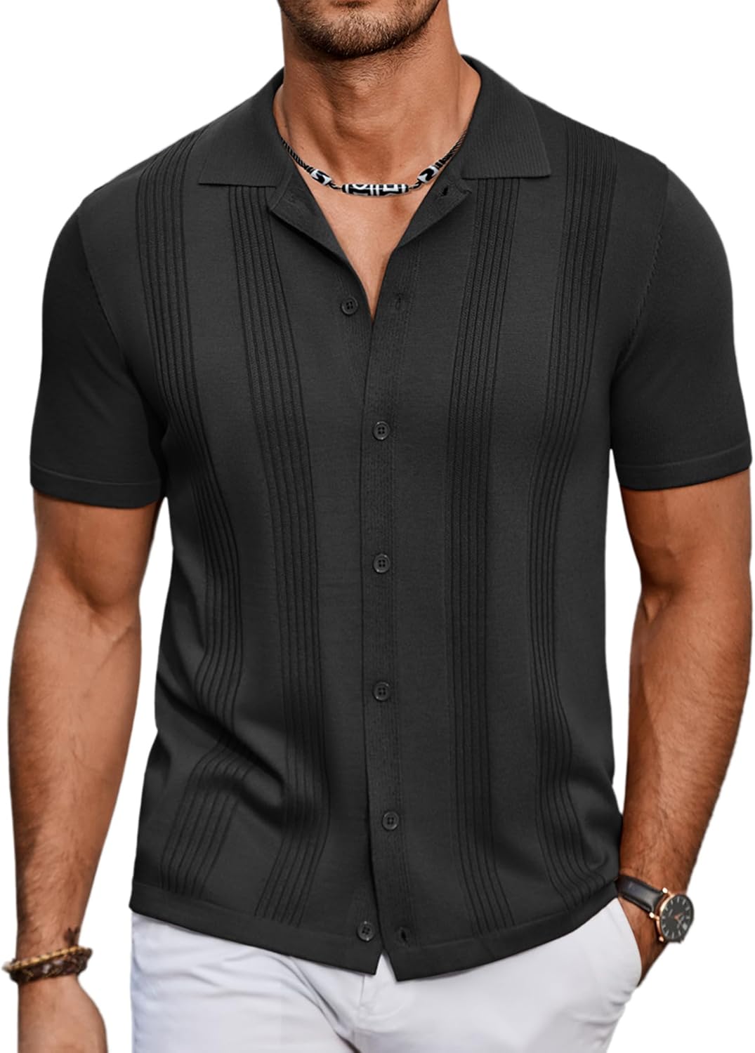 COOFANDY Men’s Knit Shirt Short Sleeve Button Down Vintage Polo Shirts Casual Summer Beach Shirts COOFANDY Men’s Knit Shirt Short Sleeve Button Down Vintage Polo Shirts Casual Summer Beach Shirts
