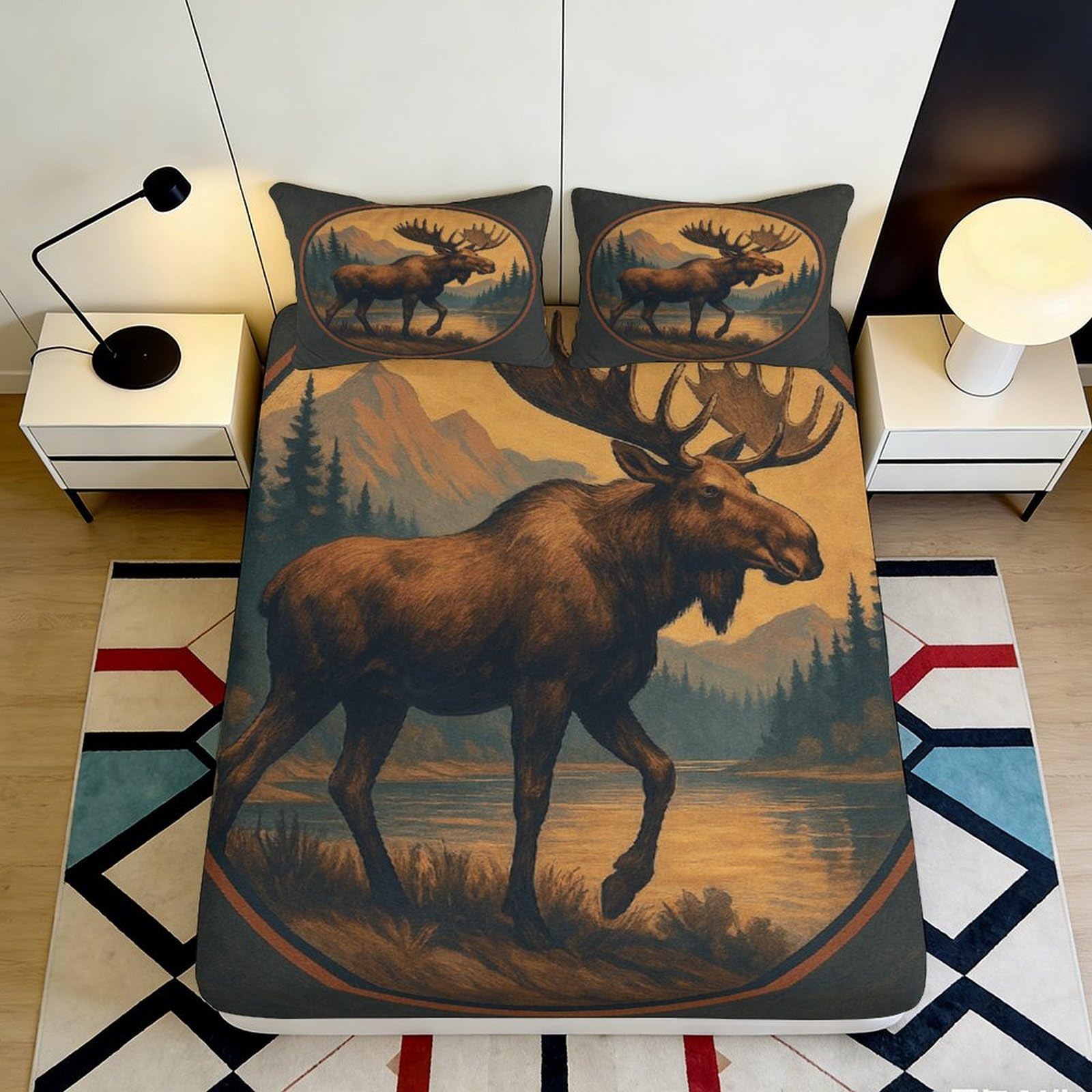 3D Printed Elk Forest Fitted Sheet Microfiber Soft Breathable Mountain Landscape Mattress Cover Bedroom Decor 90x200x25cm
