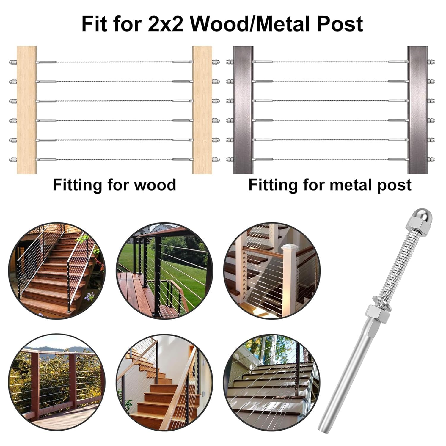 CKE 20 Pack Cable Railing Kit, Hand Swage Threaded Stud Tensioner End Fitting Terminal for 3/16" Cable for 2x2 Wood/Metal Post, T316 Stainless Steel Cable Railing Hardware Tensioner CR06