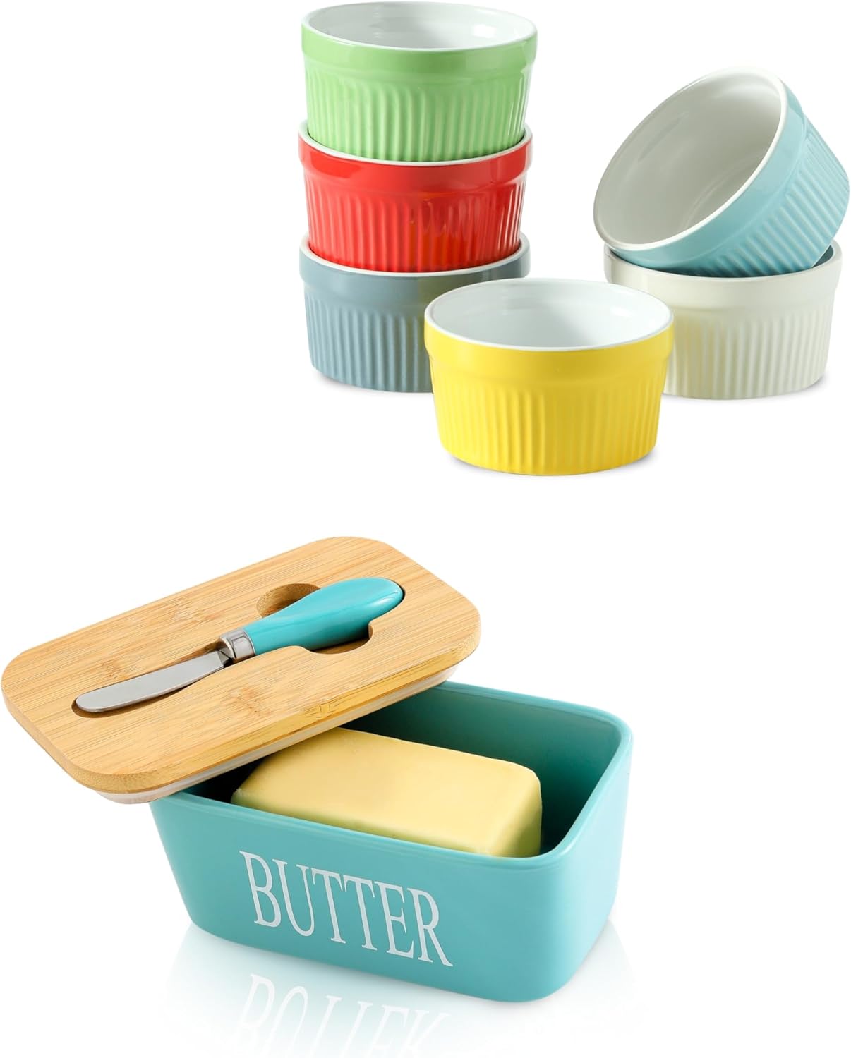 Hasense Colorful Ramekins Set of 6 and Turquoise Butter Dish Bundle