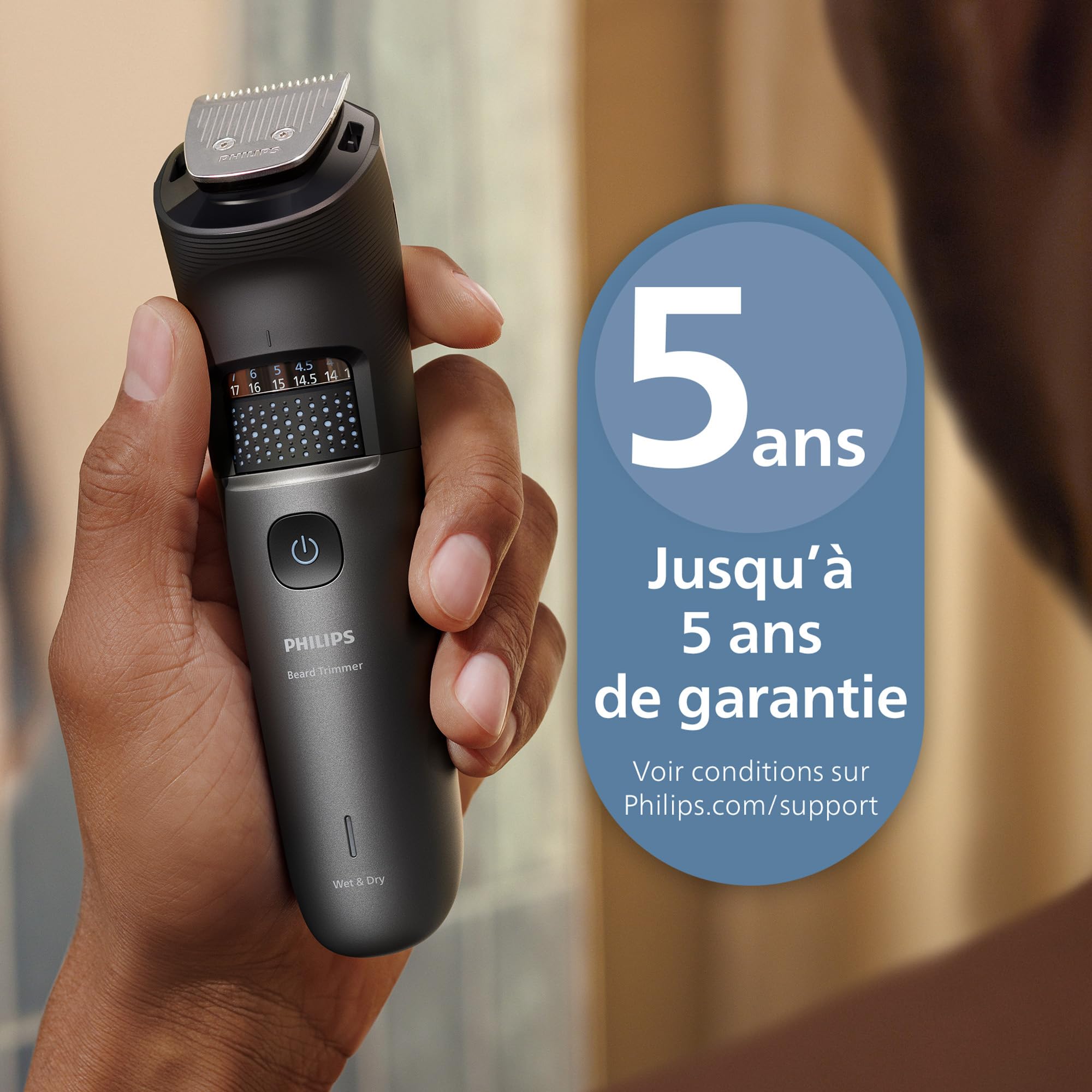 Philips Tondeuse à barbe série 7000 – Lames en métal auto-affûtées, 40 réglages réglables, technologie BeardSense, Collecte des poils, 100% étanche, Socle de recharge, Pochette souple, BT7660/15