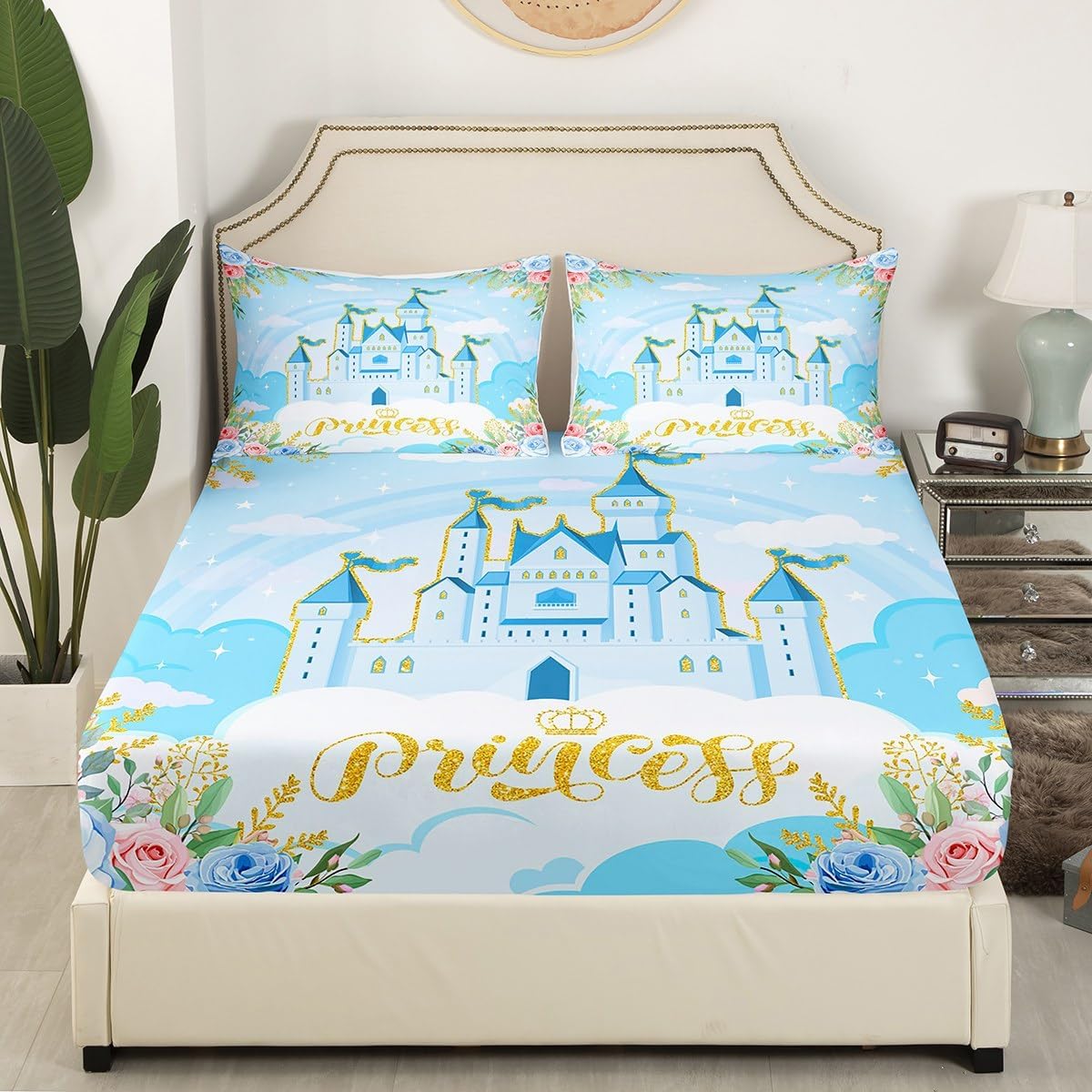 Manfei Princess Theme Fitted Sheet Queen Size,Blue Castle Dreamy Bedding Set with Deep Pocket for Home Bedroom Decor,Flowers Garden Fairy Tale Bed Cover Soft Bed Sheet with 2 Pillowcase